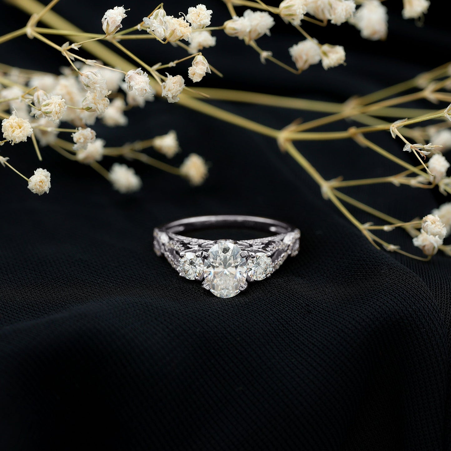 Certified Moissanite Three Stone Engagement Ring with Crossover Shank