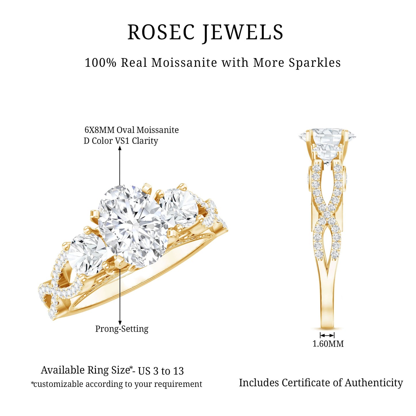 Certified Moissanite Three Stone Engagement Ring with Crossover Shank