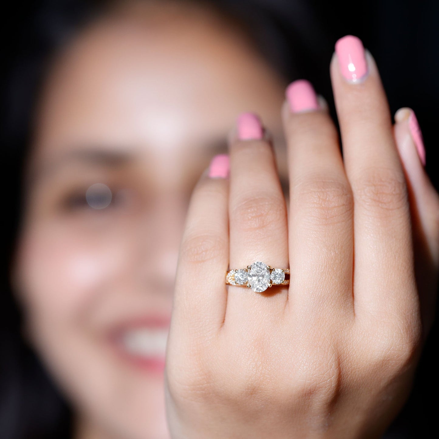 Certified Moissanite Three Stone Engagement Ring with Crossover Shank