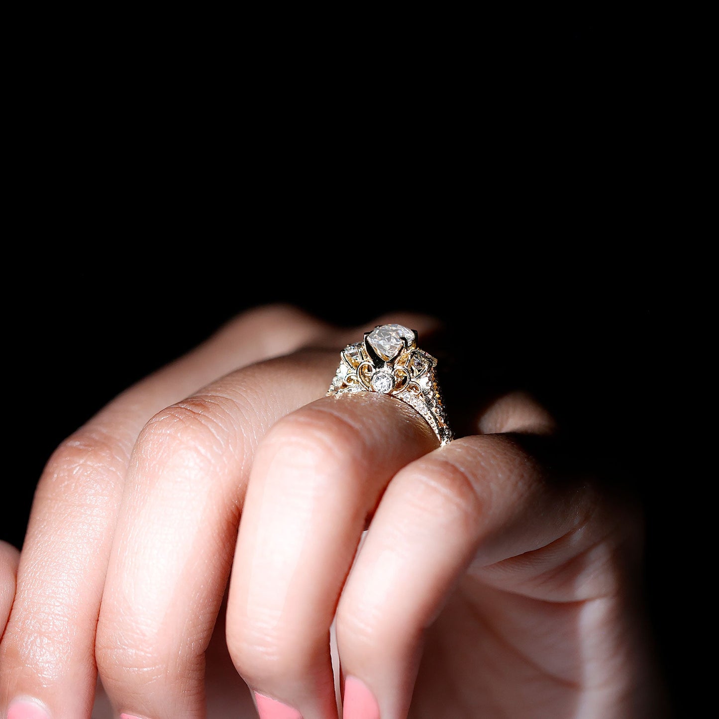 Certified Moissanite Three Stone Engagement Ring with Crossover Shank