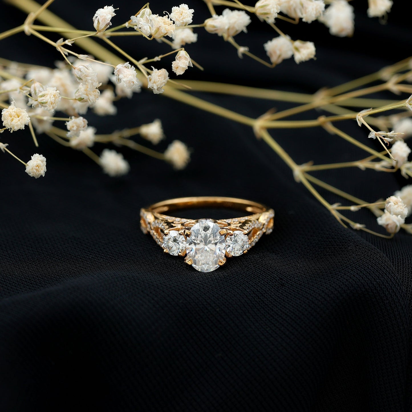 Certified Moissanite Three Stone Engagement Ring with Crossover Shank