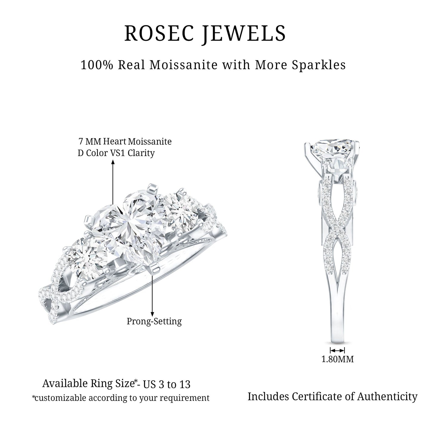 1.5 Carat Heart Moissanite 3 Stone Engagement Ring in Crossover Band