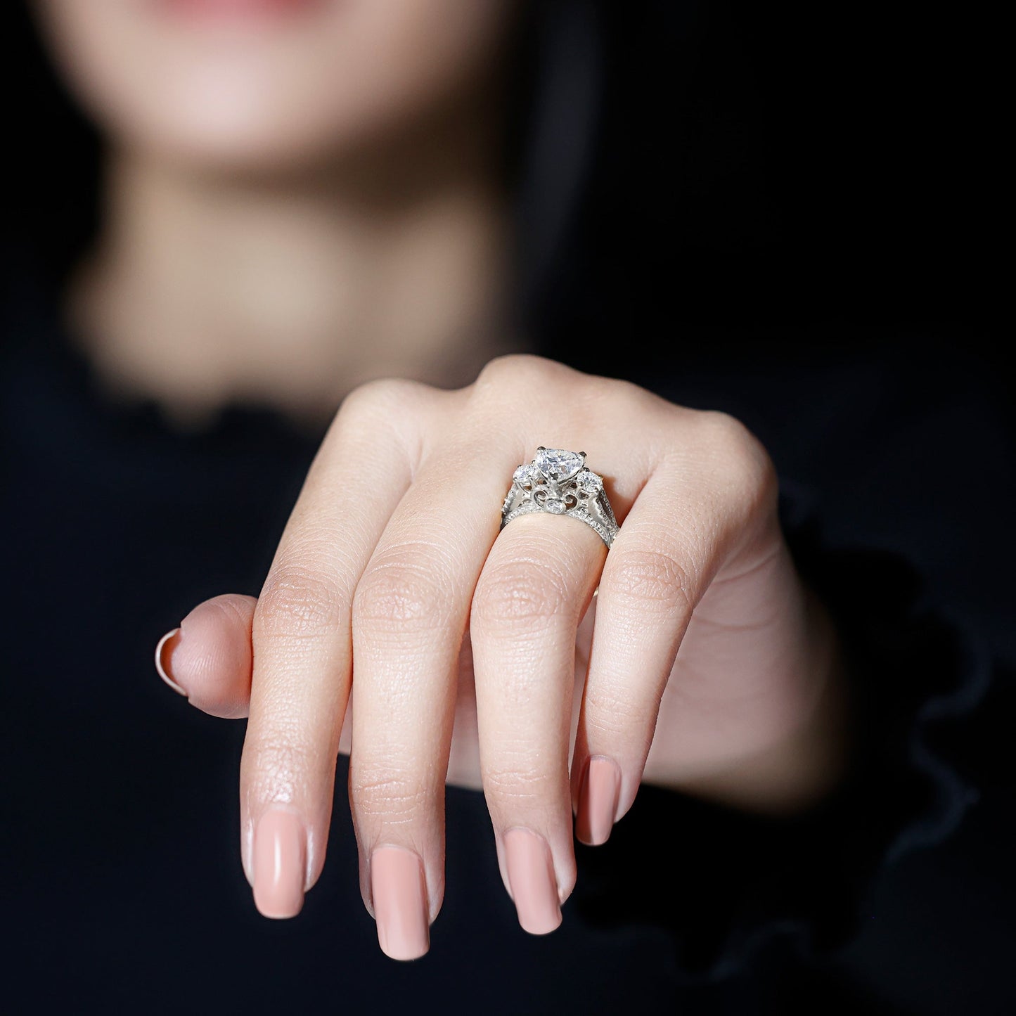 1.5 Carat Heart Moissanite 3 Stone Engagement Ring in Crossover Band