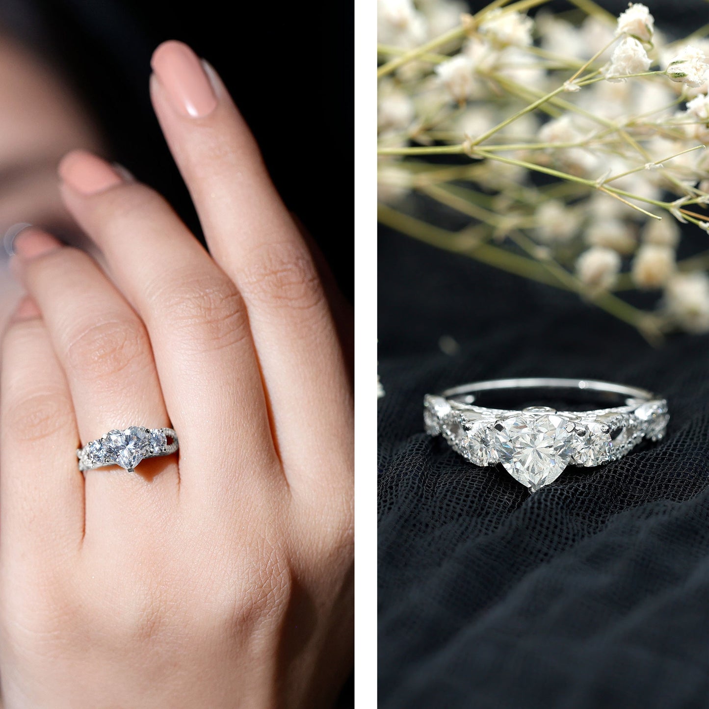1.5 Carat Heart Moissanite 3 Stone Engagement Ring in Crossover Band