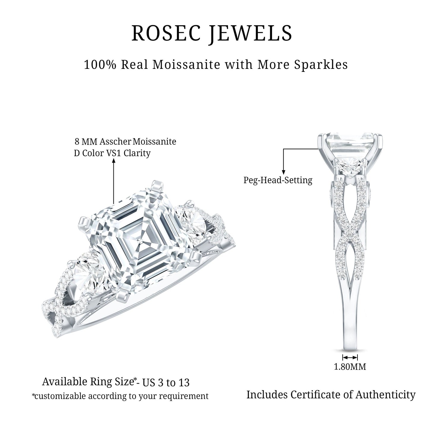 Asscher Cut Certified Moissanite Vintage Looking Engagement Ring