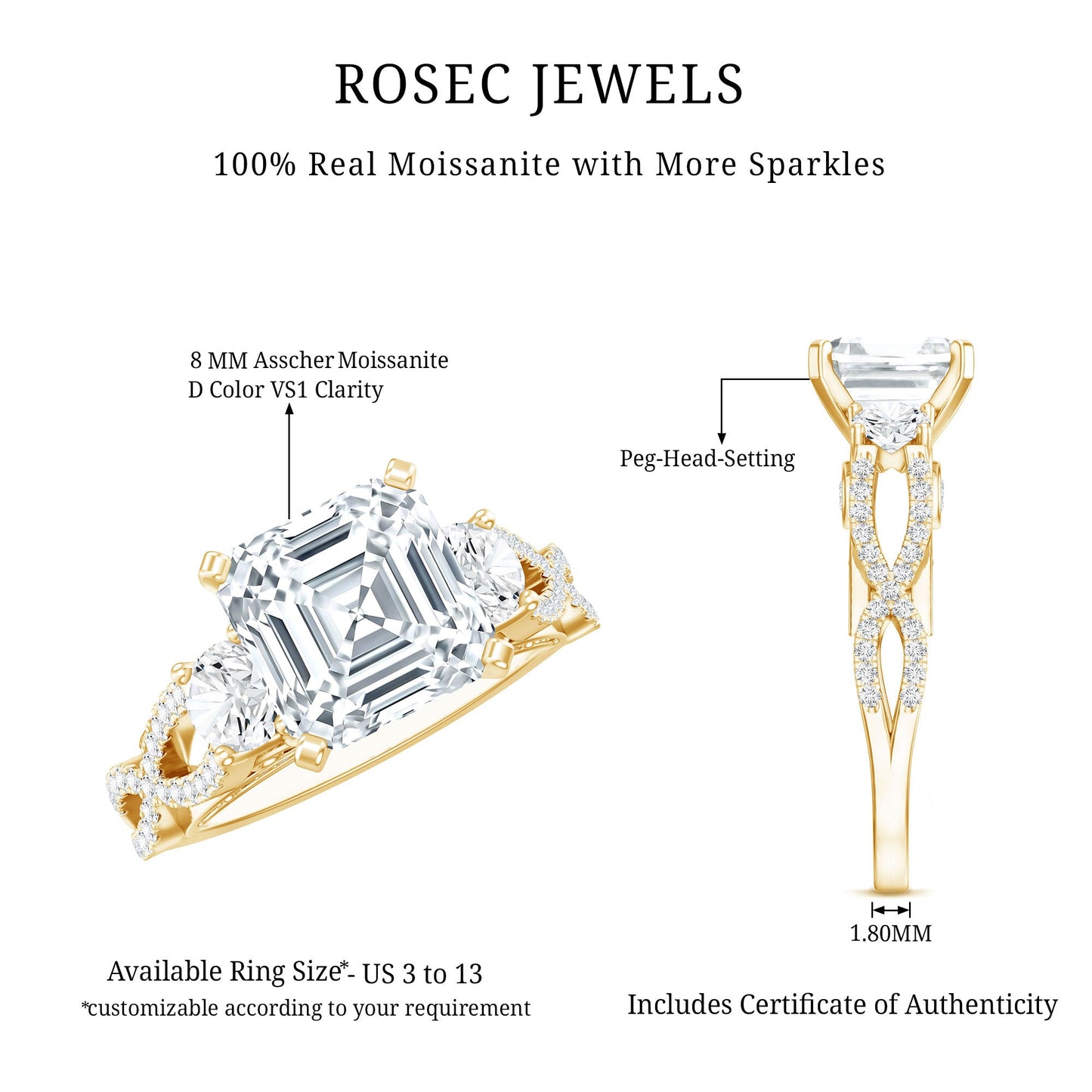 Asscher Cut Certified Moissanite Vintage Looking Engagement Ring