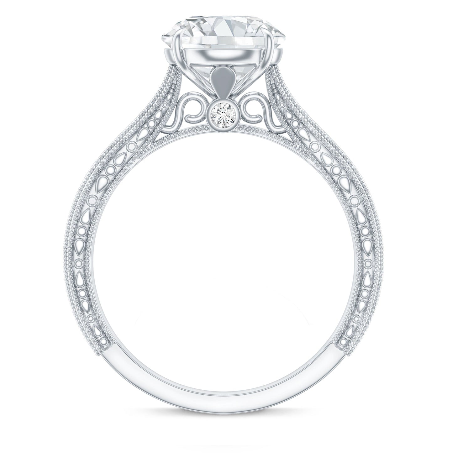 Claw Set Round Moissanite Engraved Engagement Ring