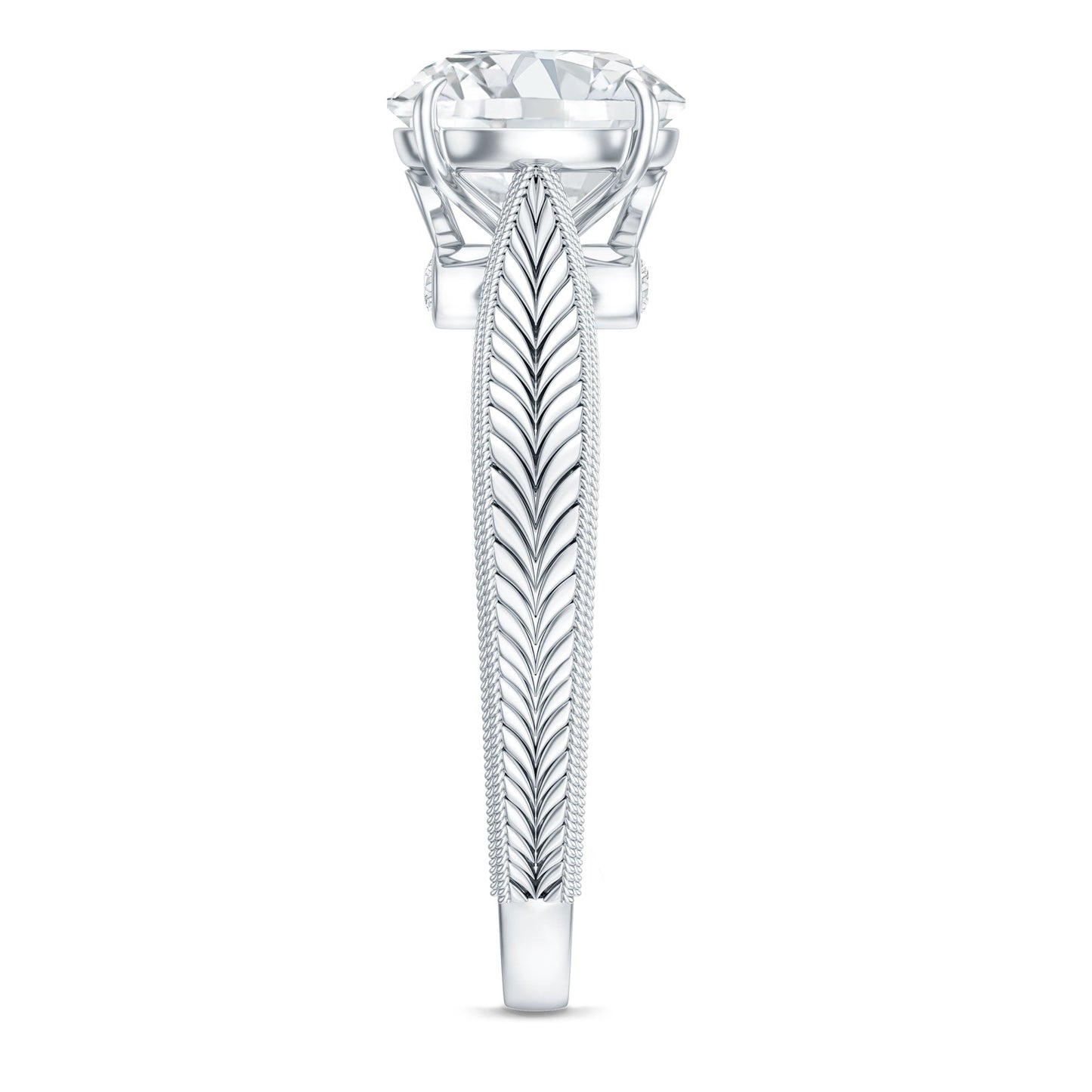 Claw Set Round Moissanite Engraved Engagement Ring