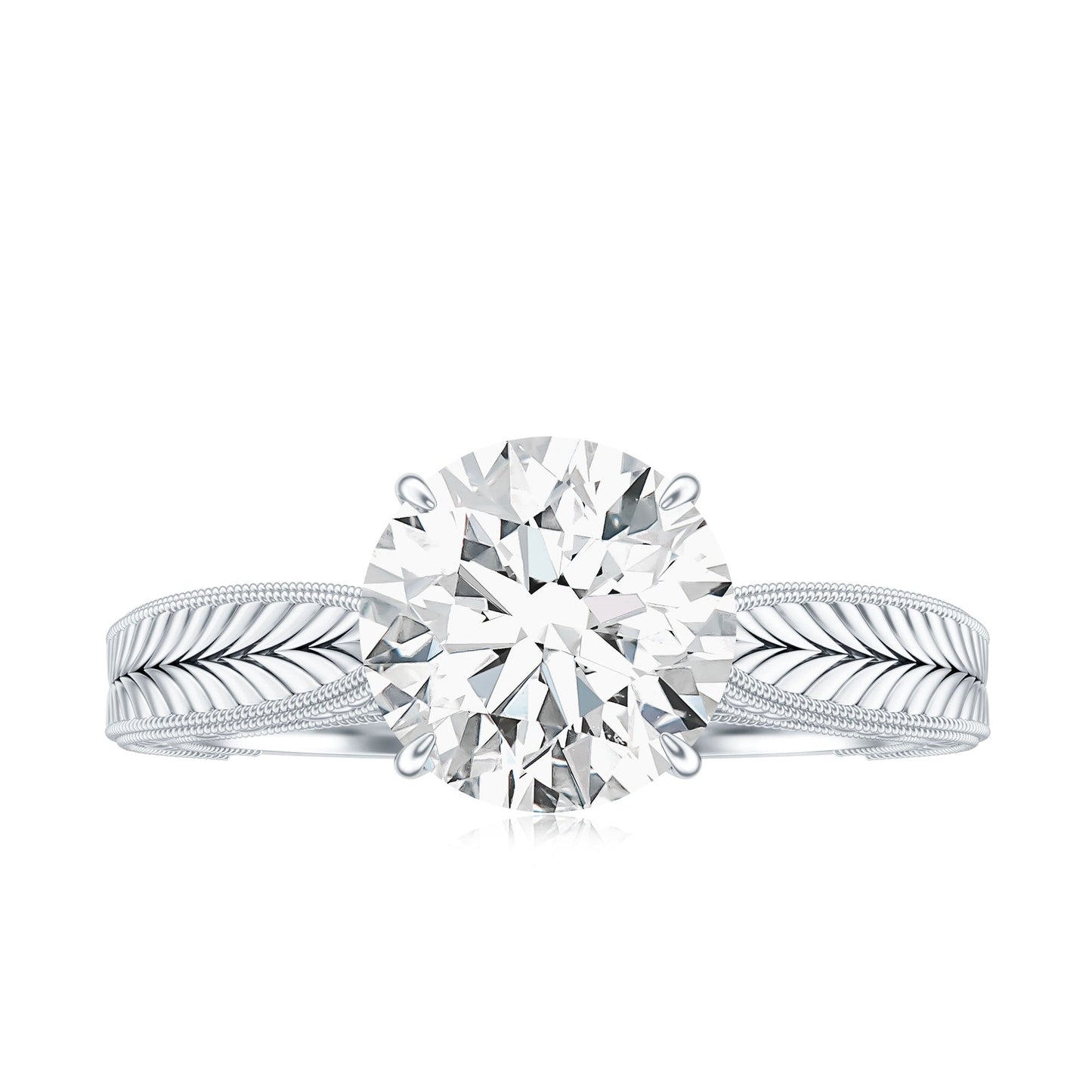 Claw Set Round Moissanite Engraved Engagement Ring