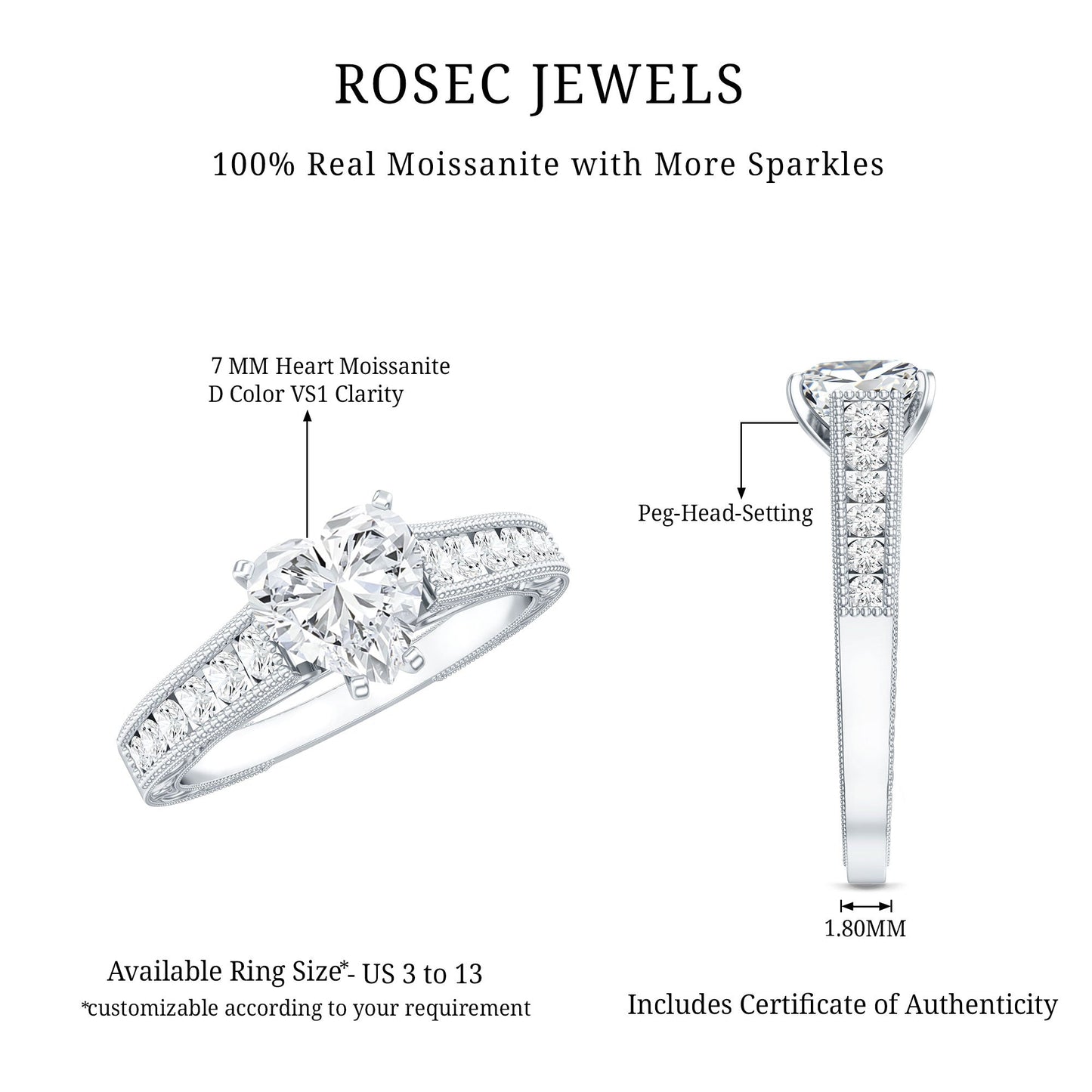 1.5 Carat Moissanite Heart Engagement Ring with Beaded Details