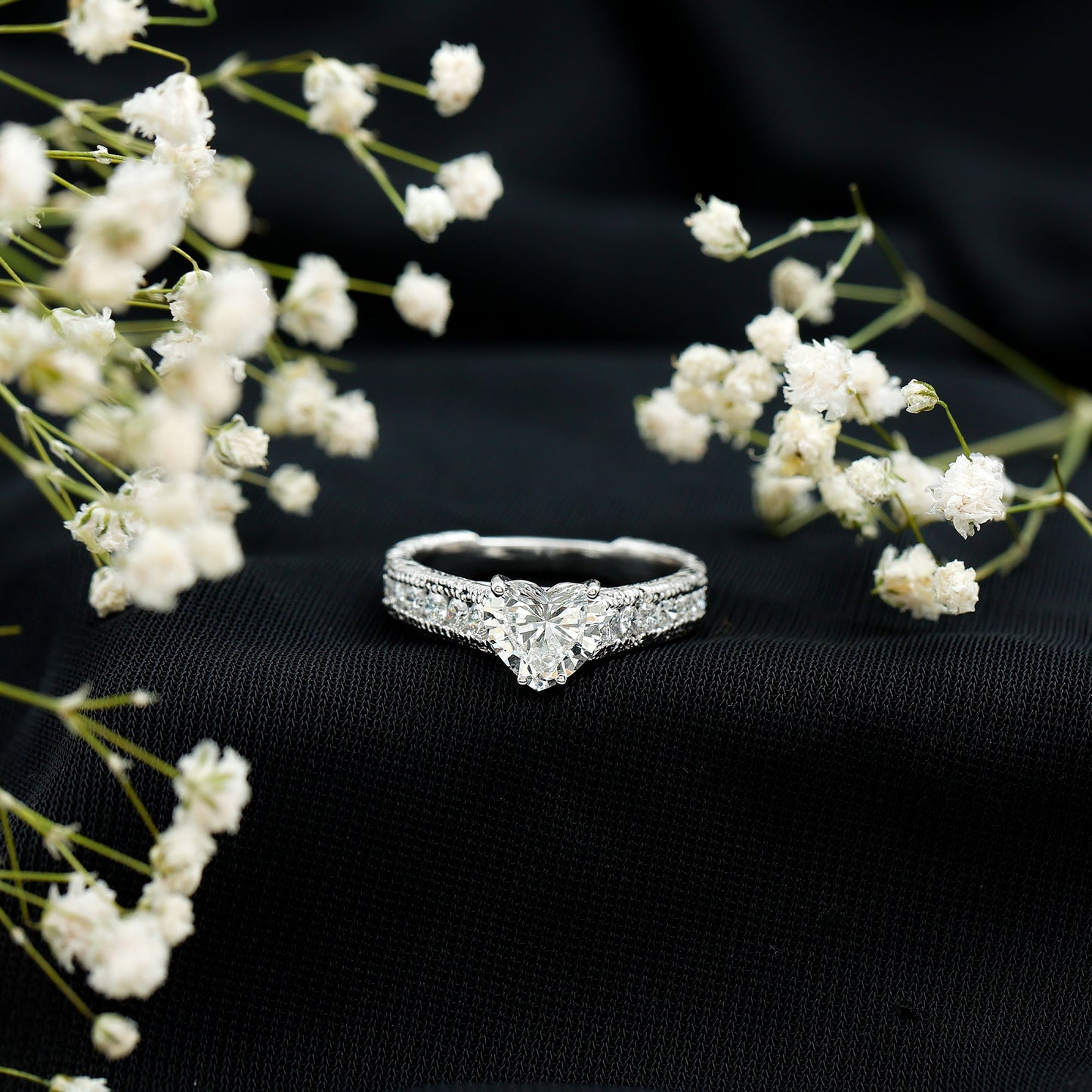 1.5 Carat Moissanite Heart Engagement Ring with Beaded Details