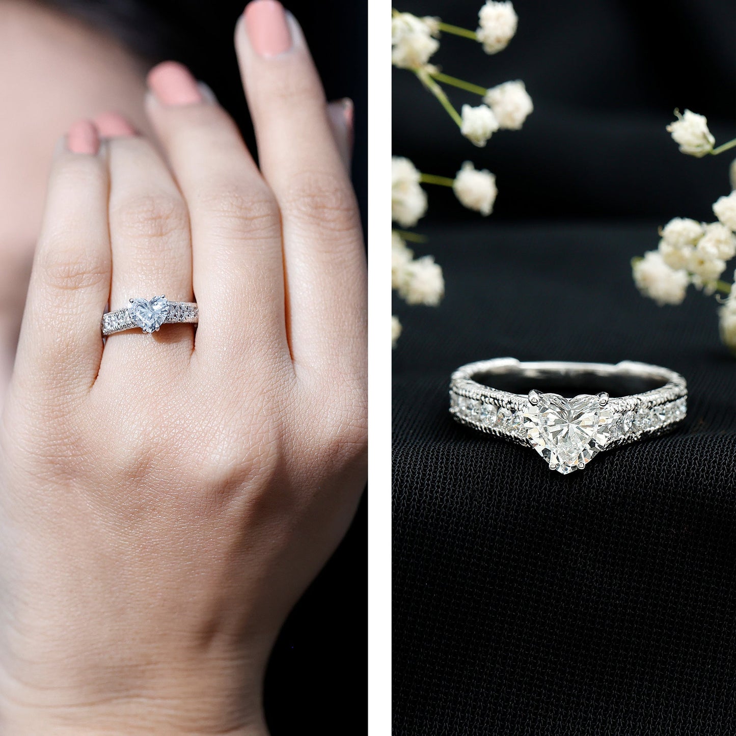 1.5 Carat Moissanite Heart Engagement Ring with Beaded Details