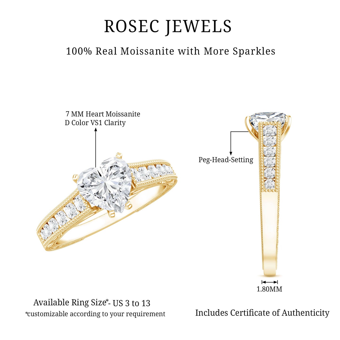 1.5 Carat Moissanite Heart Engagement Ring with Beaded Details