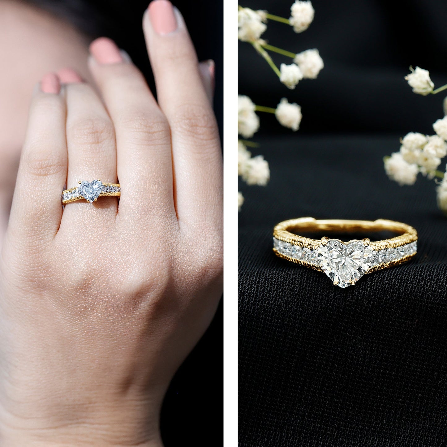 1.5 Carat Moissanite Heart Engagement Ring with Beaded Details
