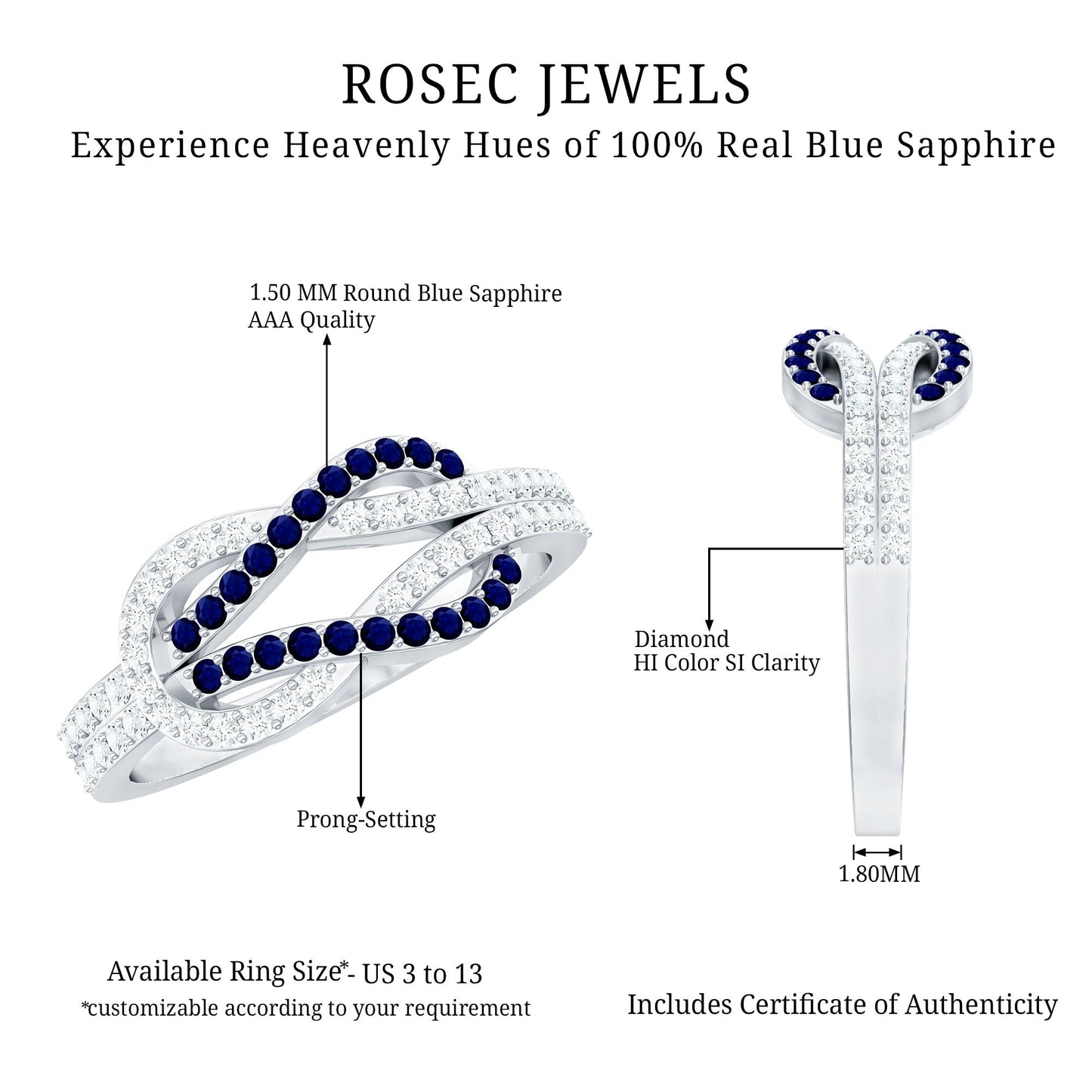 Natural Blue Sapphire Diamond Interlock Ring for Women
