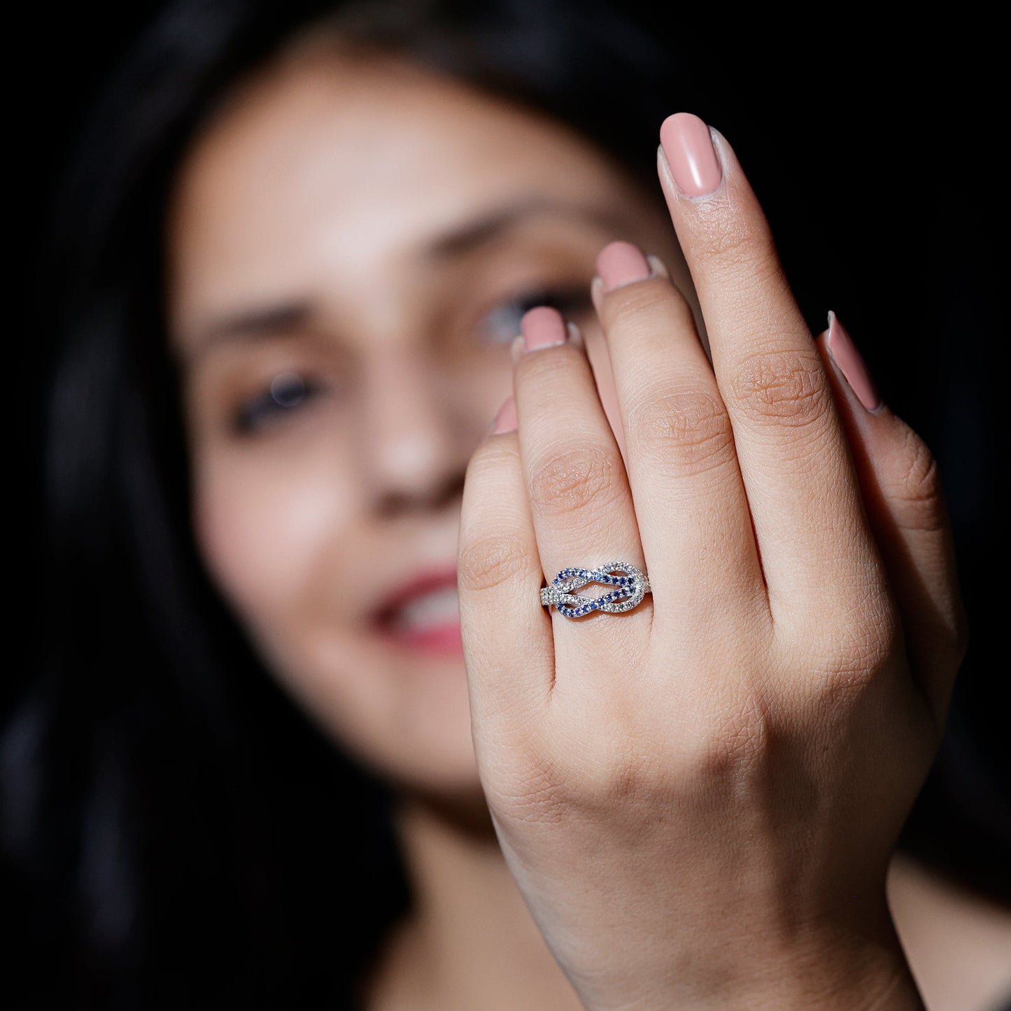 Natural Blue Sapphire Diamond Interlock Ring for Women