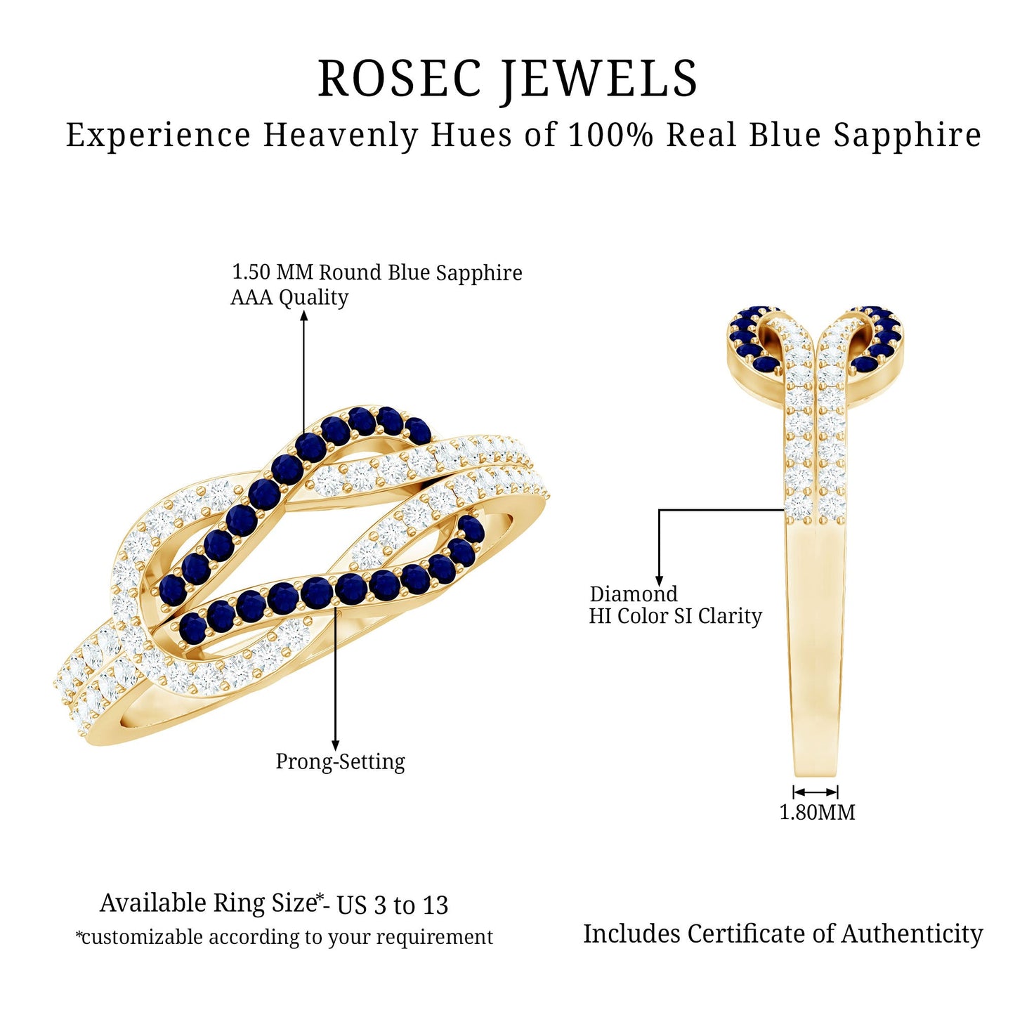 Natural Blue Sapphire Diamond Interlock Ring for Women