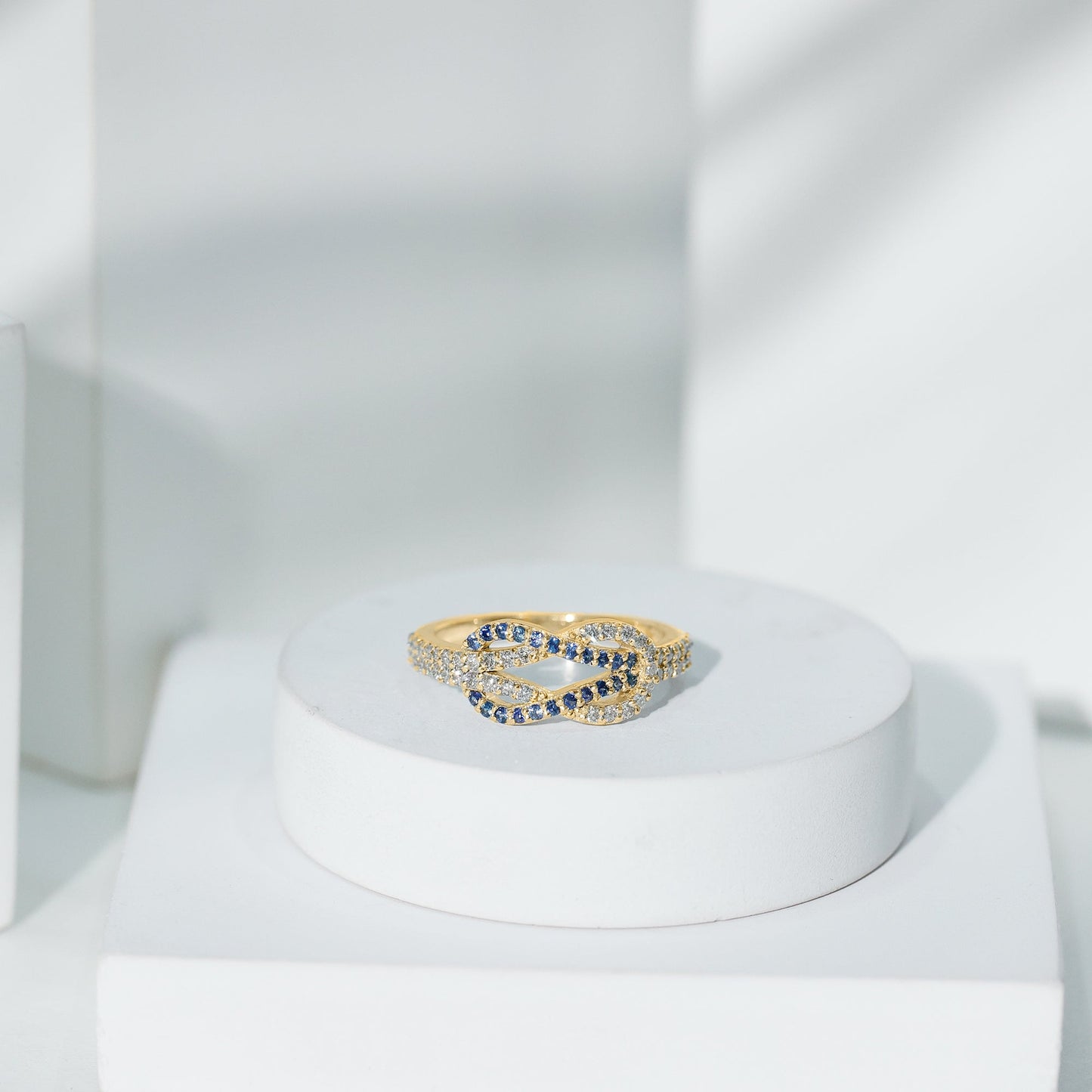 Natural Blue Sapphire Diamond Interlock Ring for Women