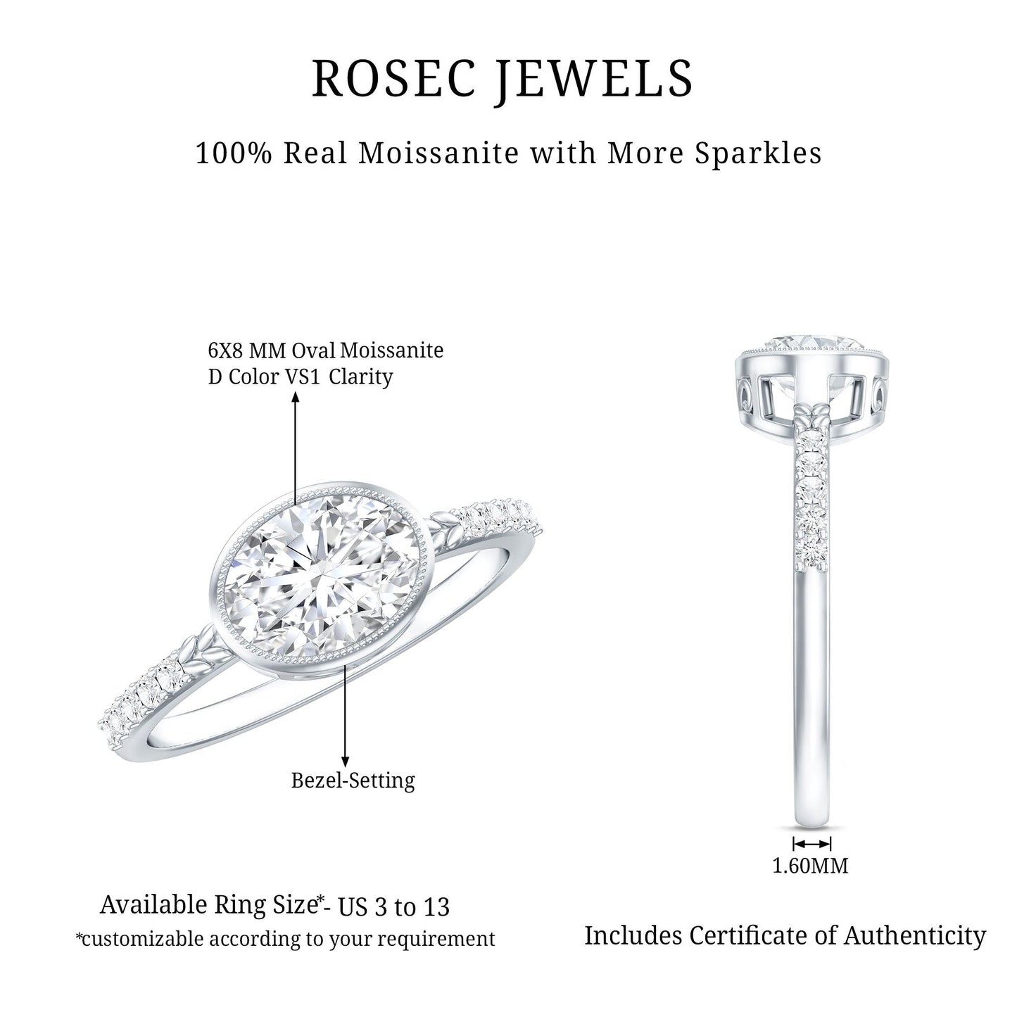 Moissanite East West Engagement Ring in Bezel Setting