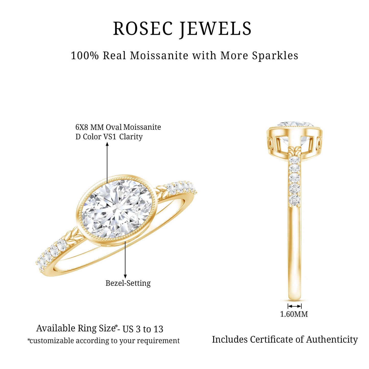 Moissanite East West Engagement Ring in Bezel Setting
