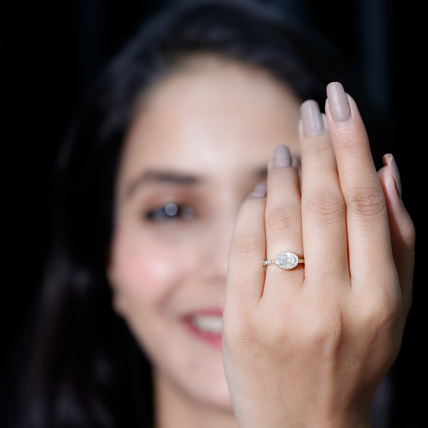 Moissanite East West Engagement Ring in Bezel Setting
