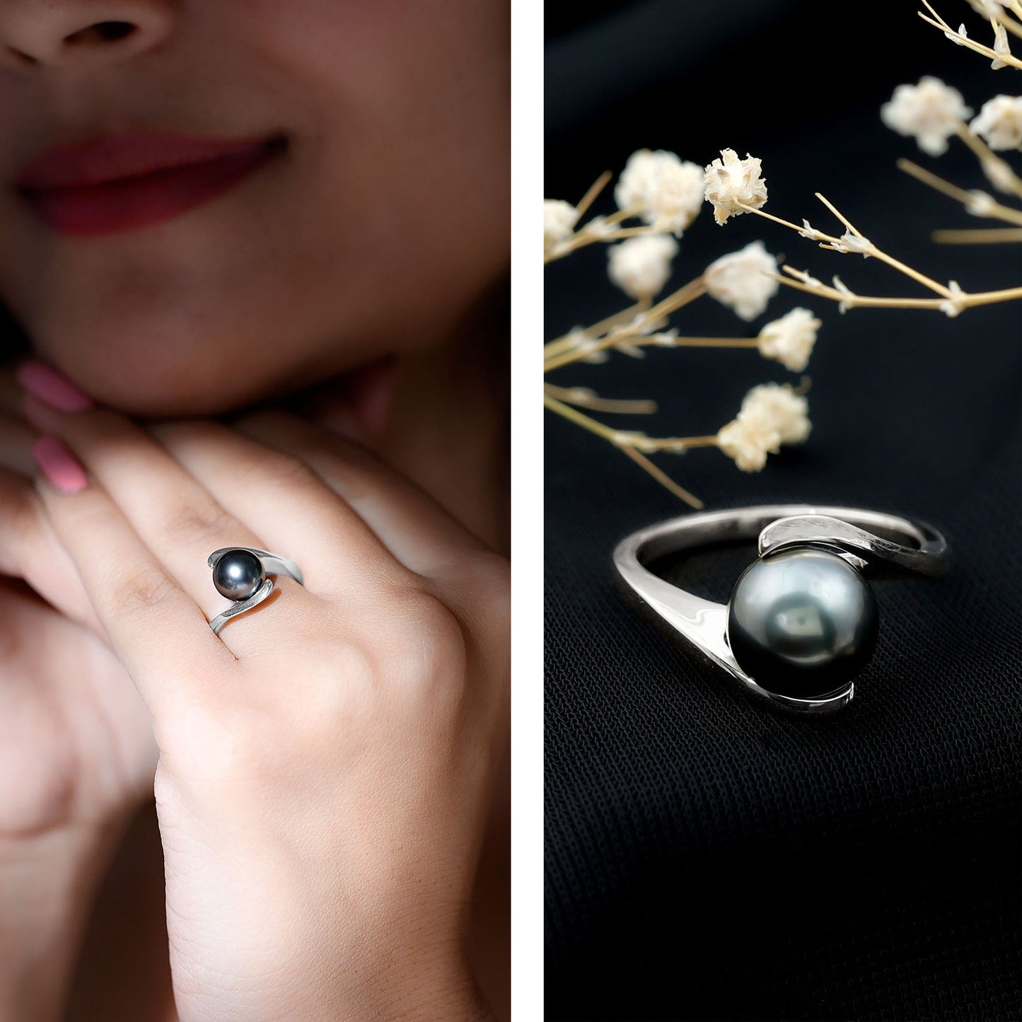 Tahitian Black Pearl Solitaire Bypass Engagement Ring