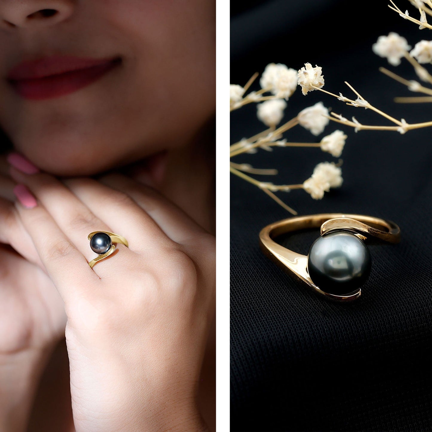 Tahitian Black Pearl Solitaire Bypass Engagement Ring