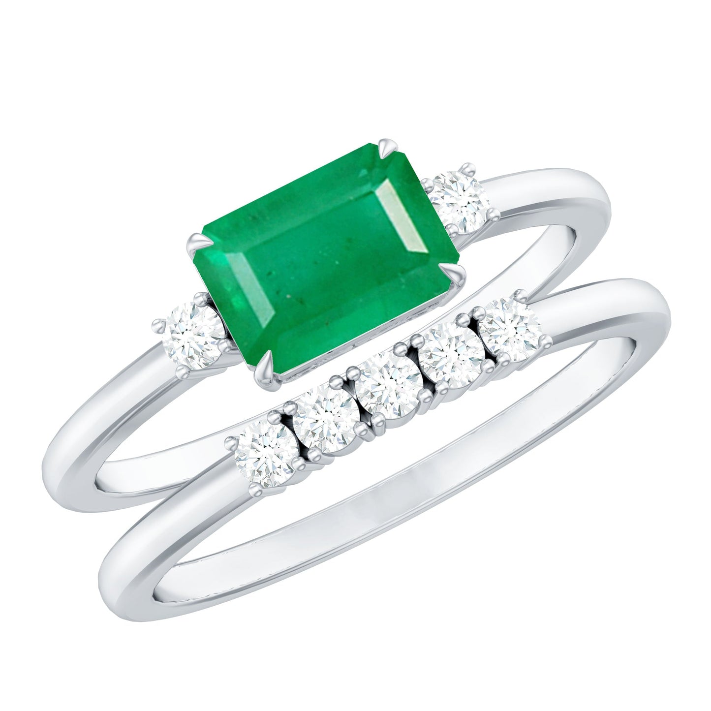 Natural Emerald Cut Emerald Diamond East West Engagement Ring and Wedding Band Set