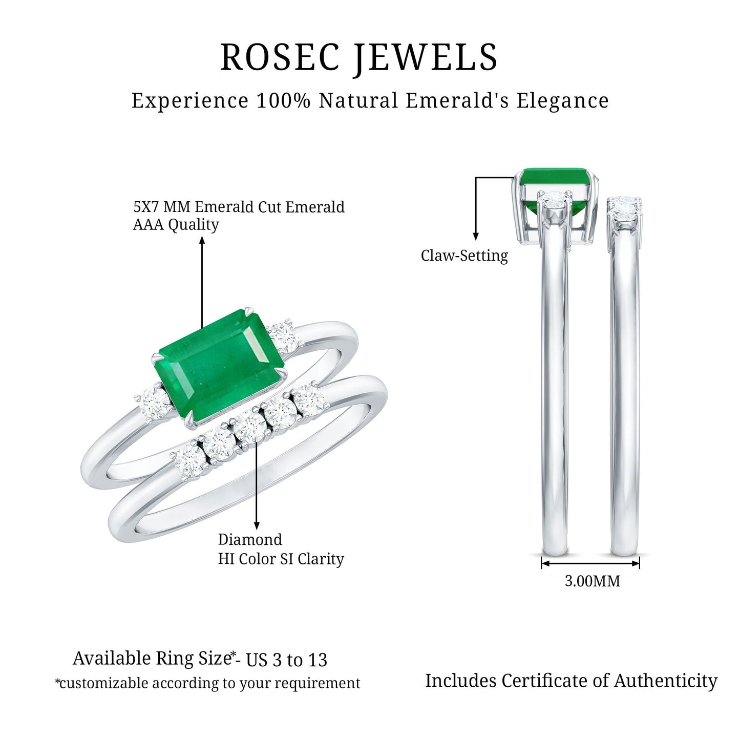 Natural Emerald Cut Emerald Diamond East West Engagement Ring and Wedding Band Set