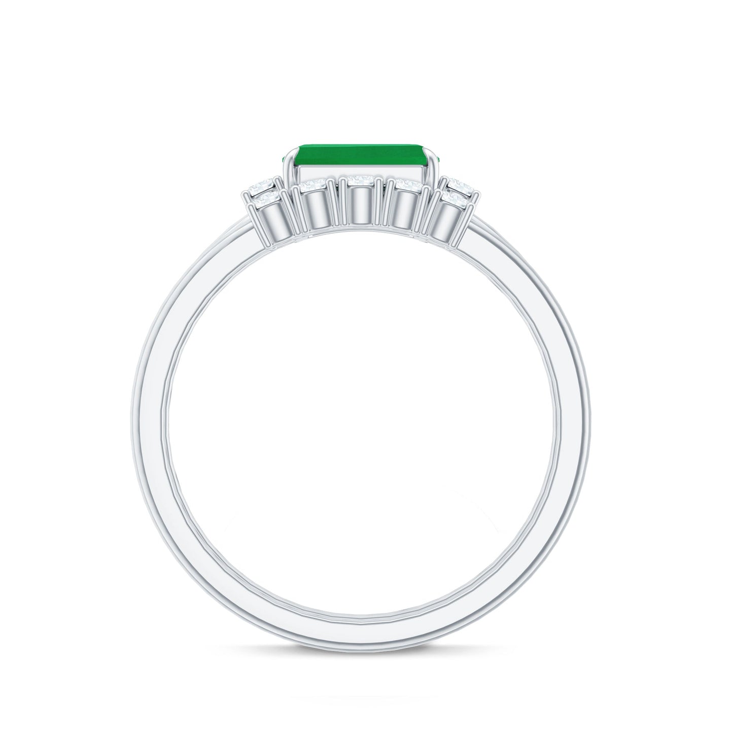 Natural Emerald Cut Emerald Diamond East West Engagement Ring and Wedding Band Set