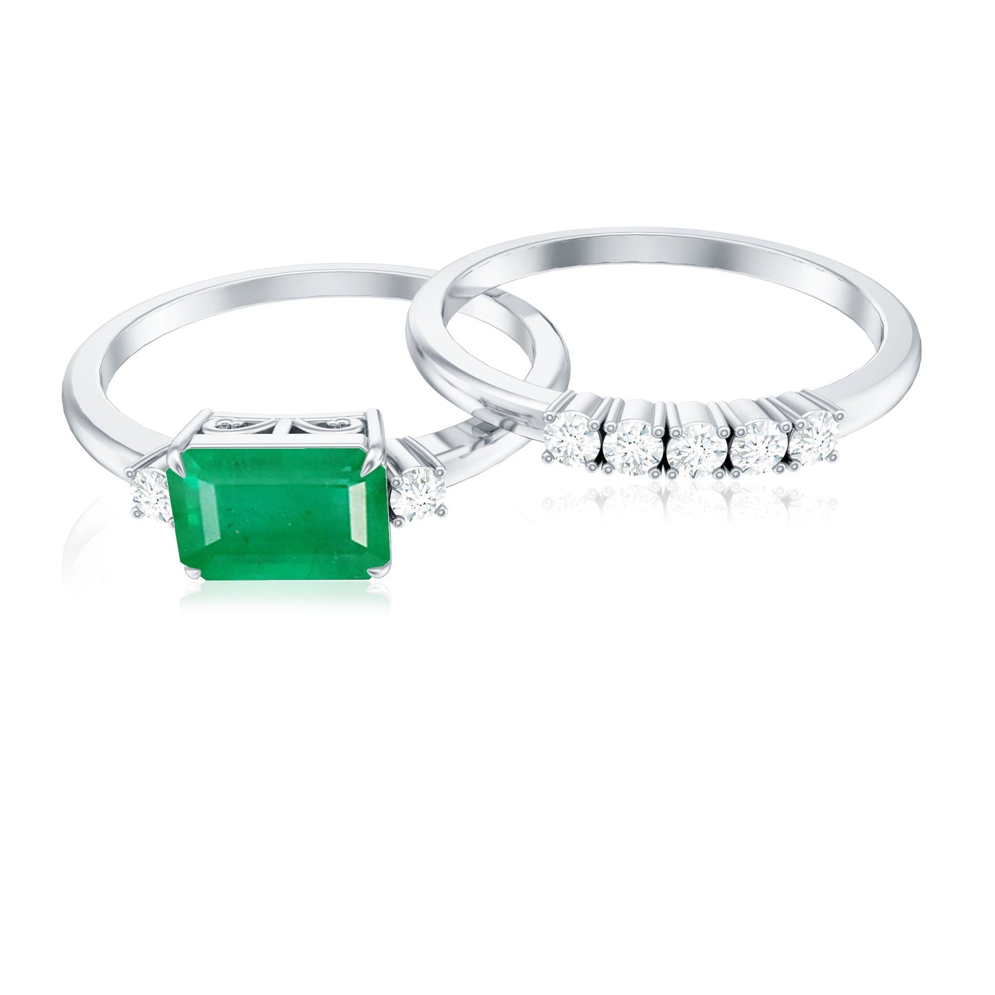 Natural Emerald Cut Emerald Diamond East West Engagement Ring and Wedding Band Set