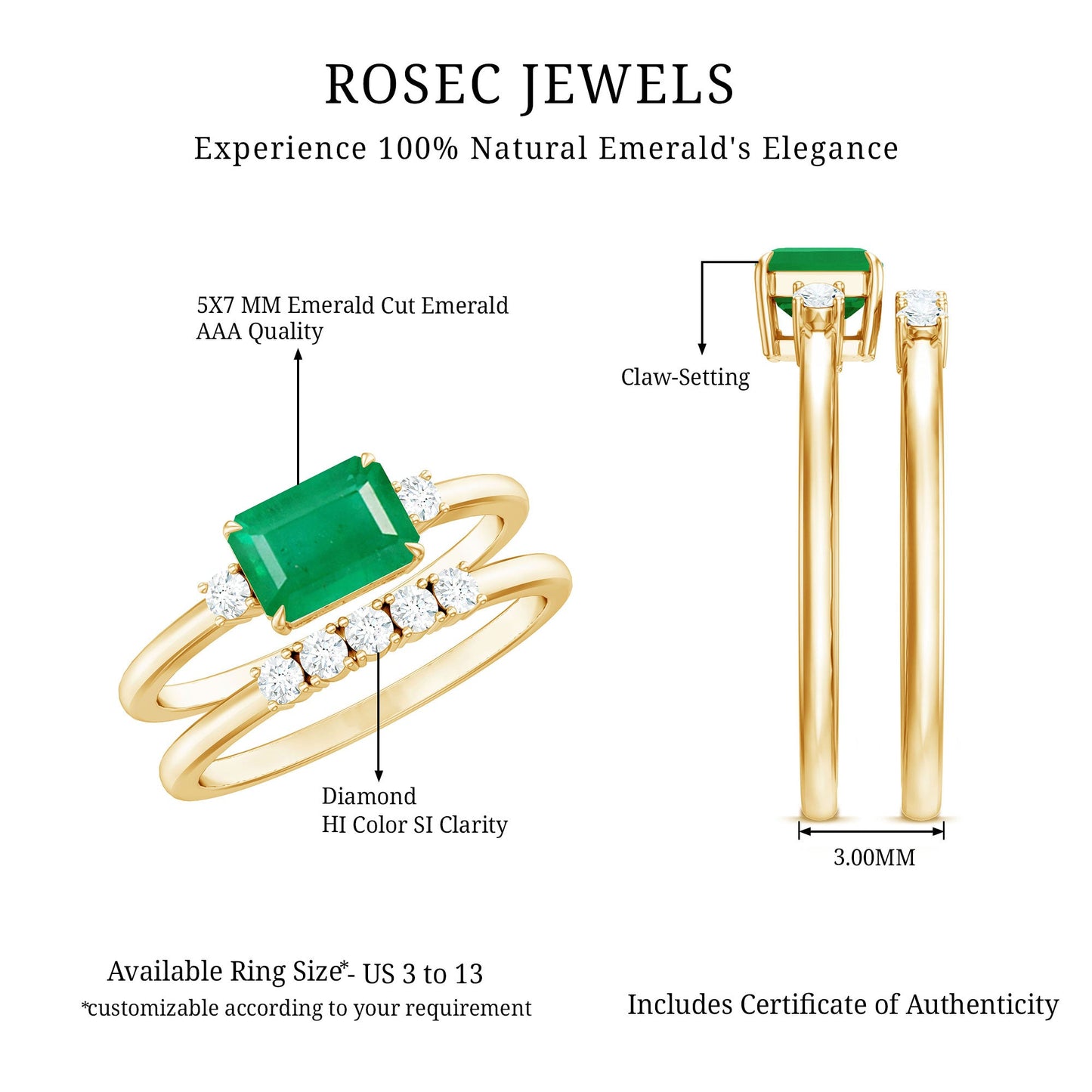 Natural Emerald Cut Emerald Diamond East West Engagement Ring and Wedding Band Set