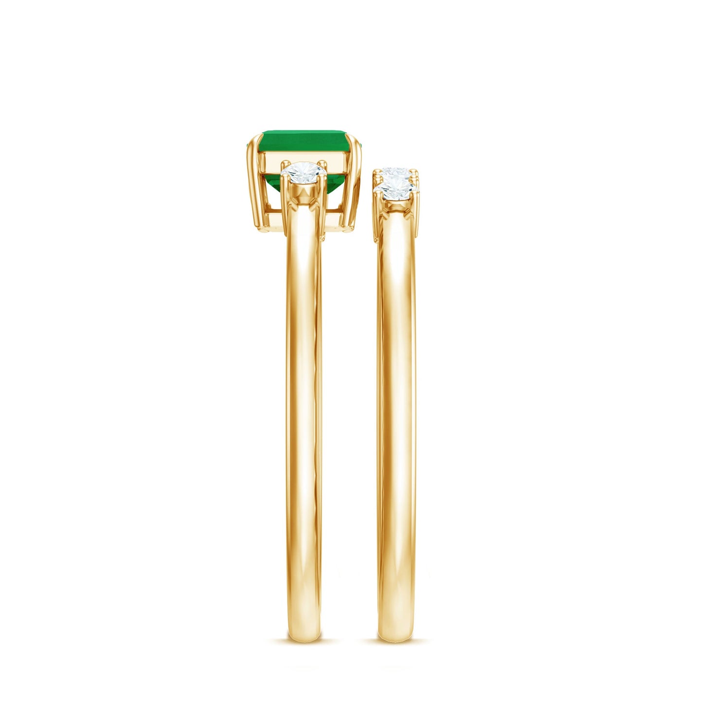Natural Emerald Cut Emerald Diamond East West Engagement Ring and Wedding Band Set