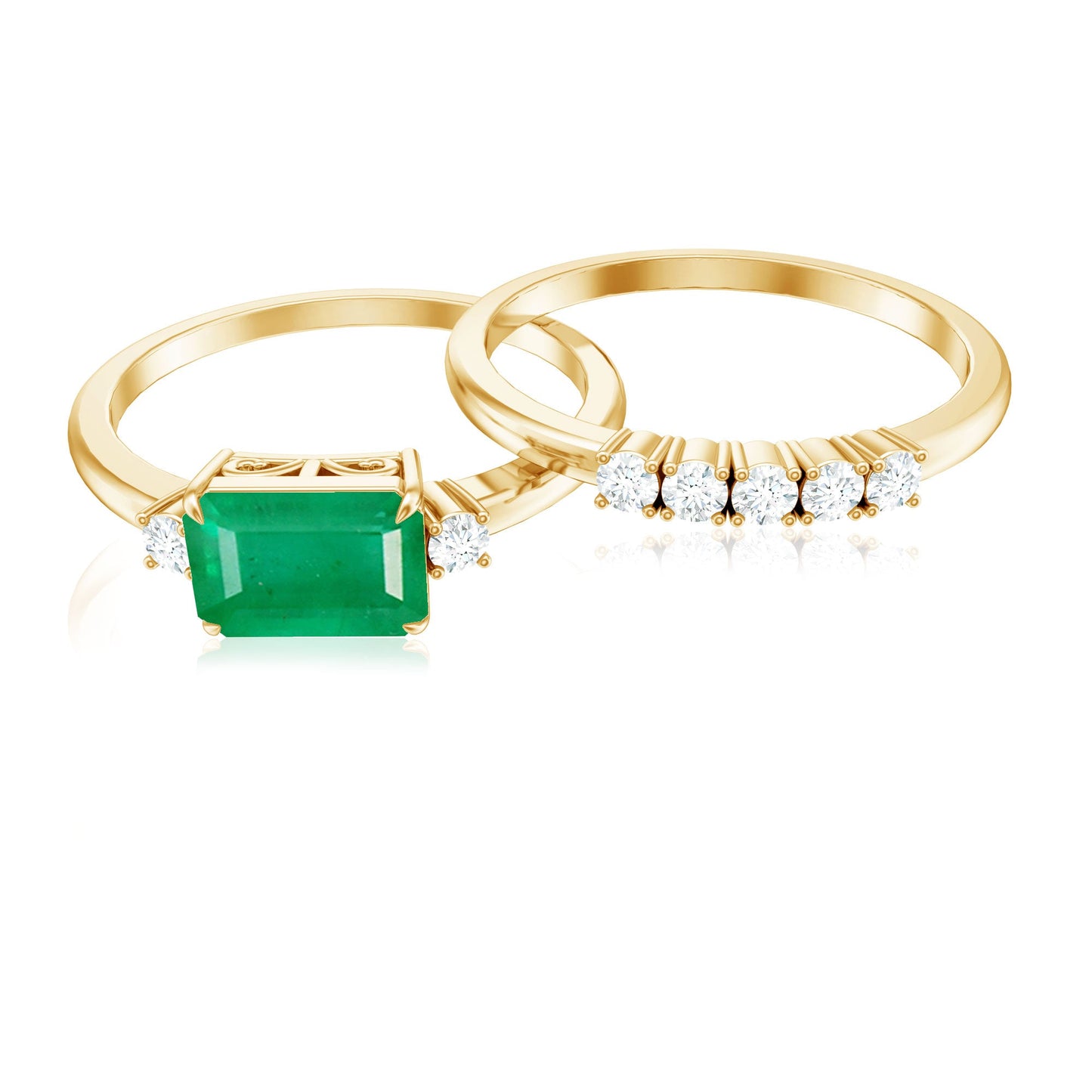 Natural Emerald Cut Emerald Diamond East West Engagement Ring and Wedding Band Set