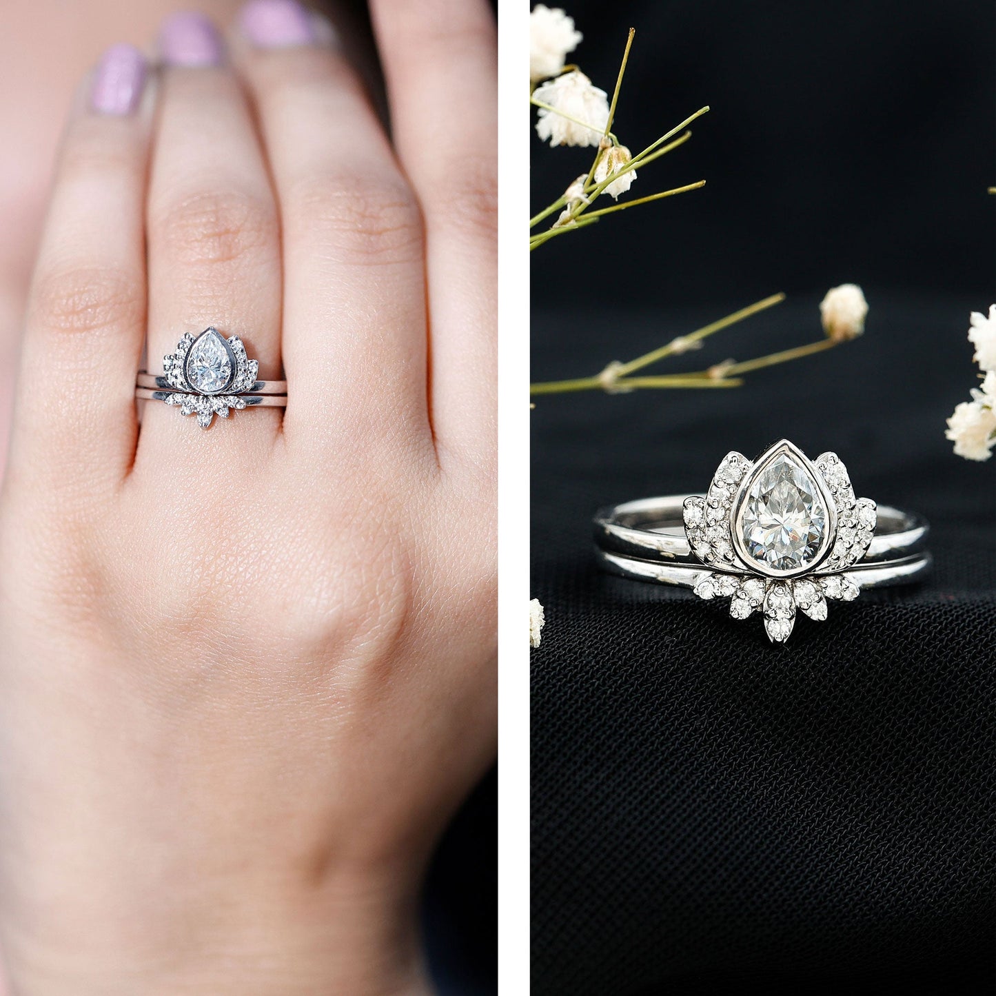 Certified Moissanite Lotus Flower Bridal Ring Set