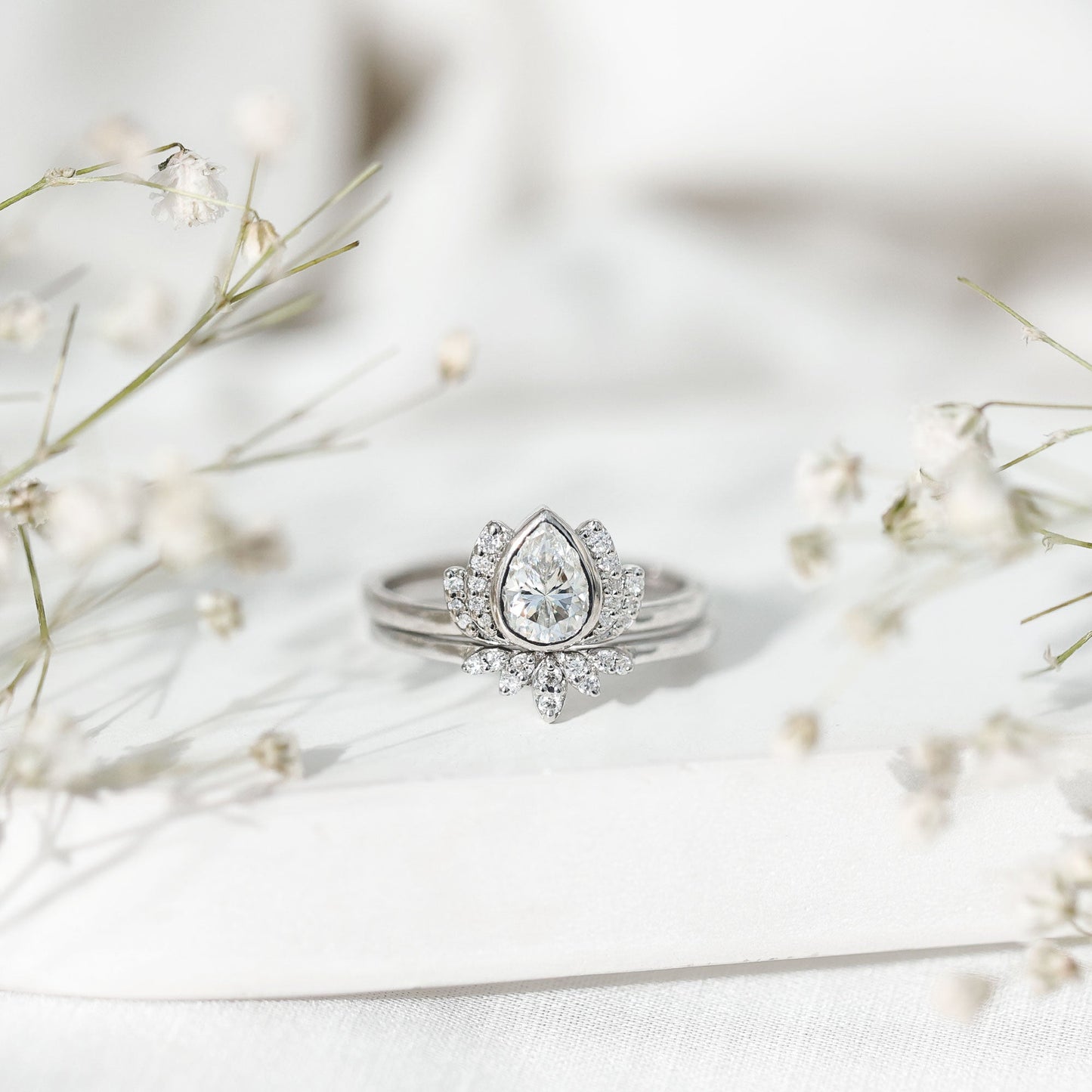 Certified Moissanite Lotus Flower Bridal Ring Set