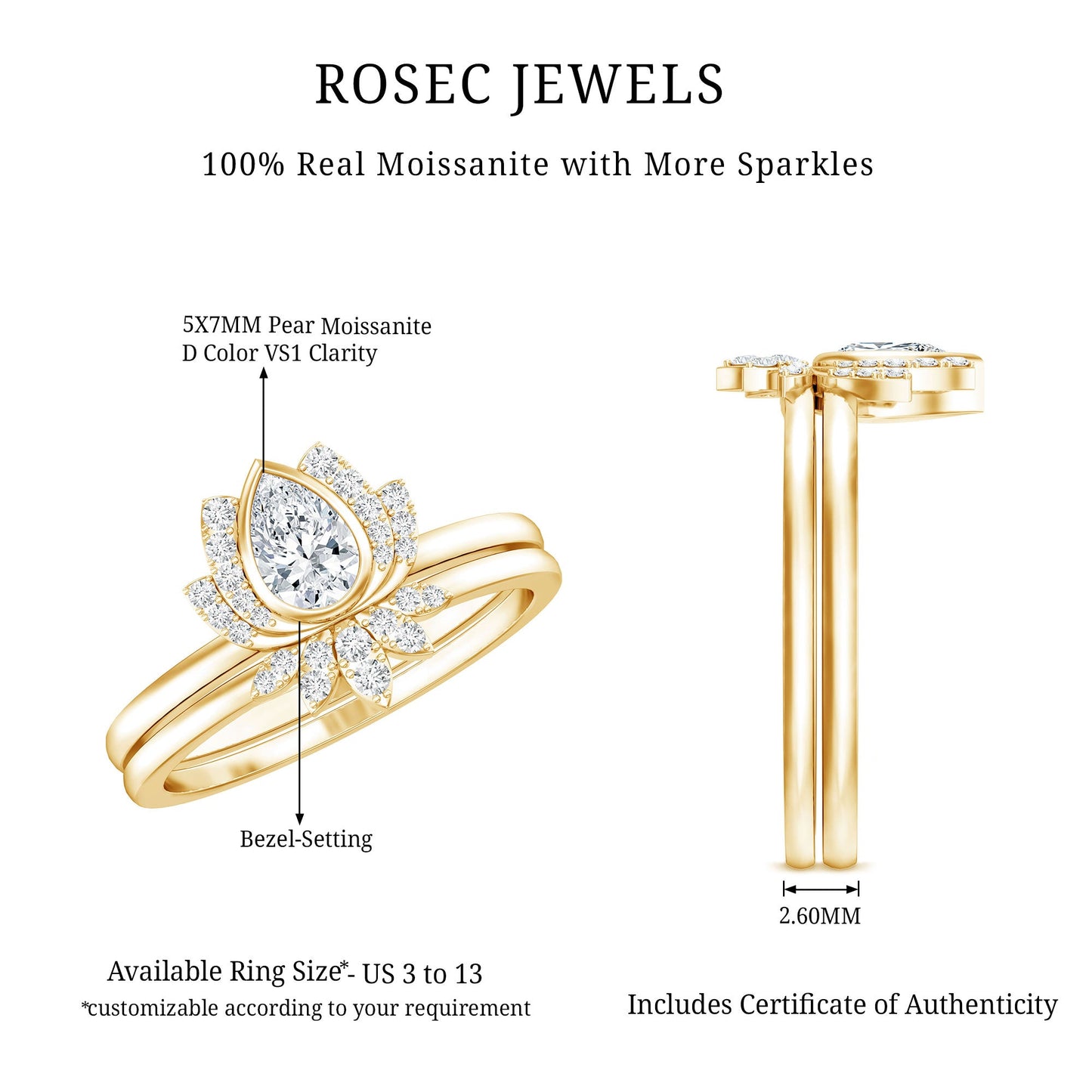 Certified Moissanite Lotus Flower Bridal Ring Set