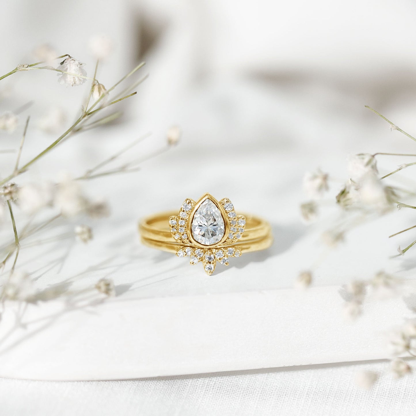 Certified Moissanite Lotus Flower Bridal Ring Set
