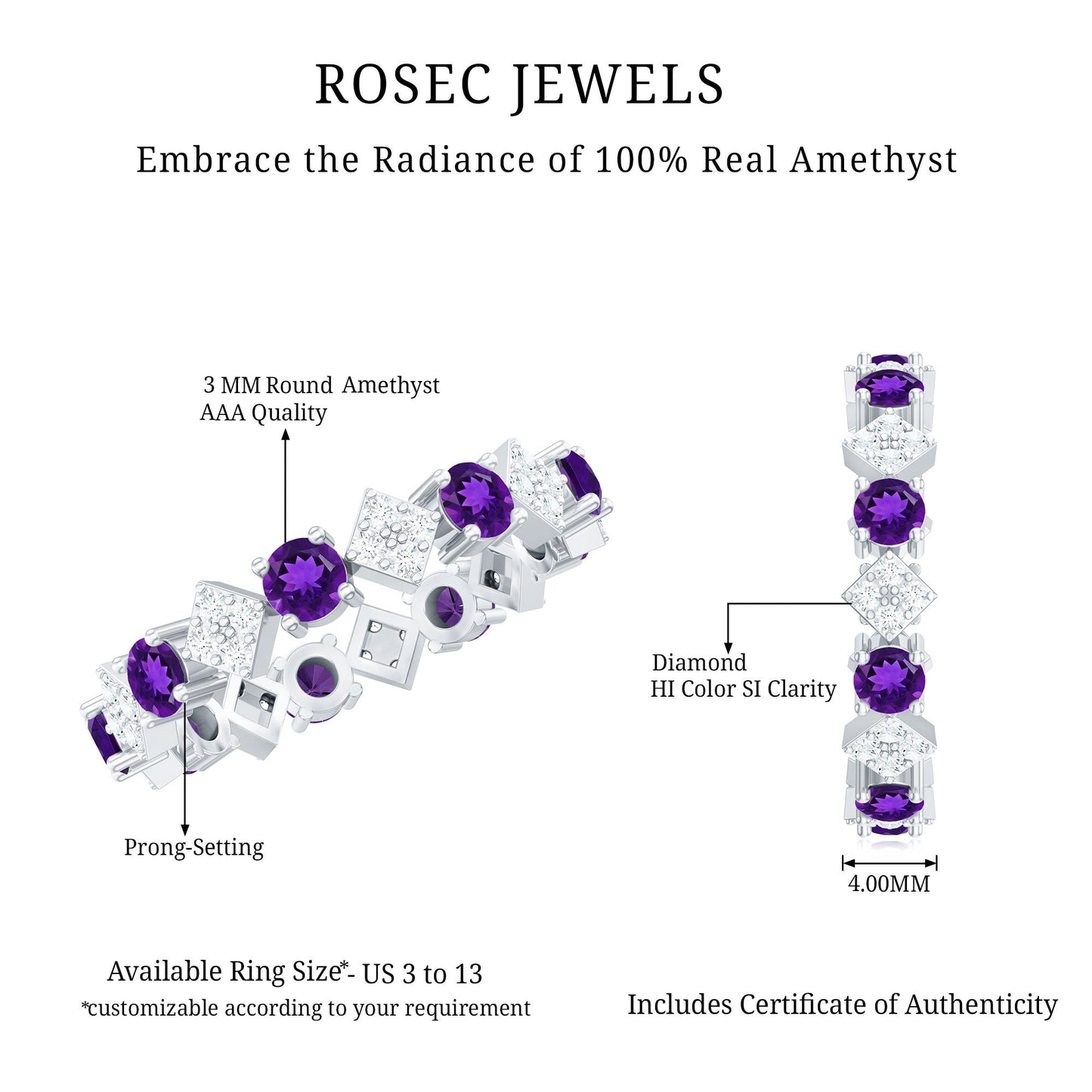 Natural Amethyst Diamond Eternity Ring for Women