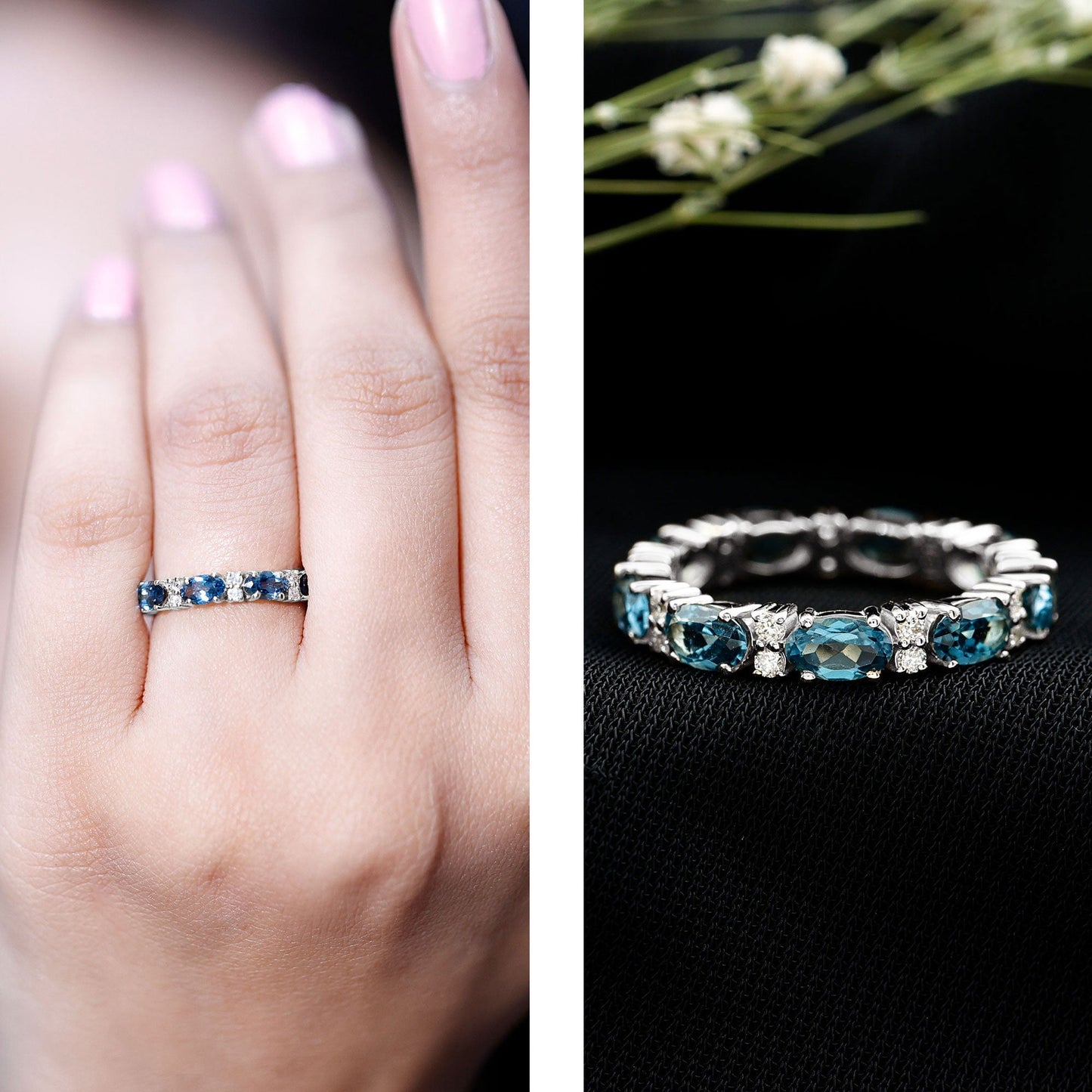 Oval Cut London Blue Topaz Full Eternity Band with Diamond