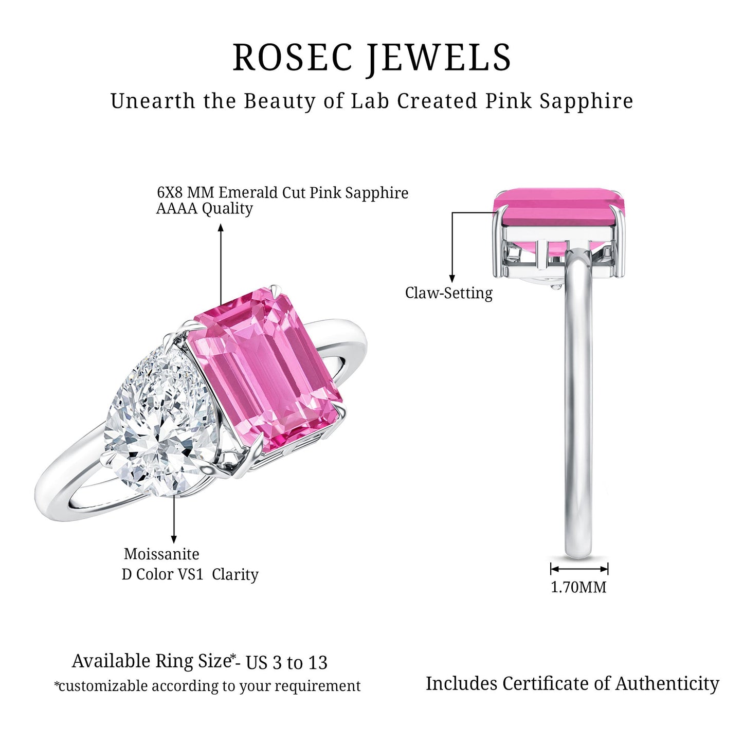 Lab Created Pink Sapphire and Moissanite Toi Et Moi Engagement Ring for Women