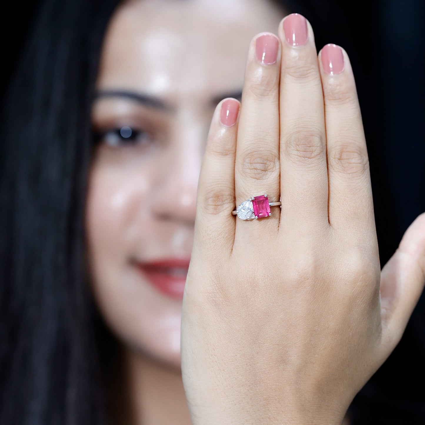 Lab Created Pink Sapphire and Moissanite Toi Et Moi Engagement Ring for Women