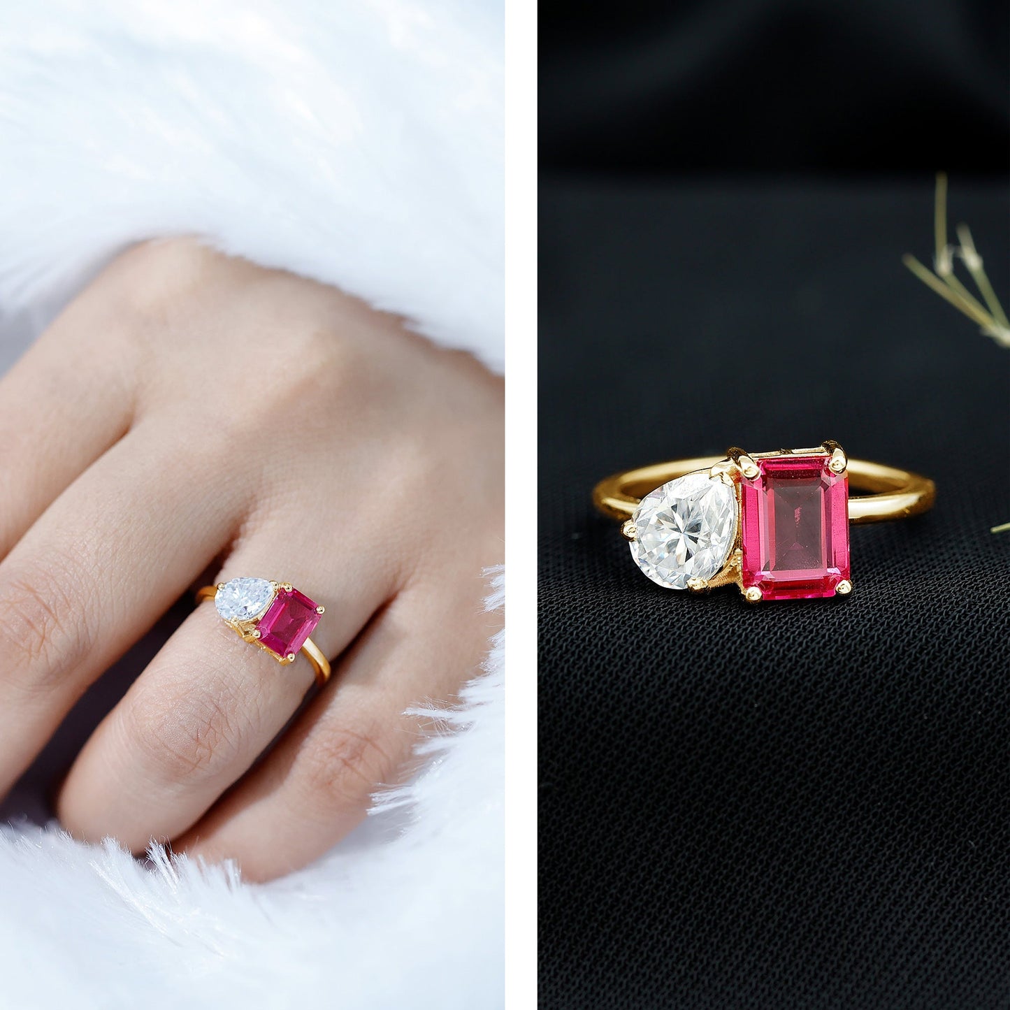 Lab Created Pink Sapphire and Moissanite Toi Et Moi Engagement Ring for Women