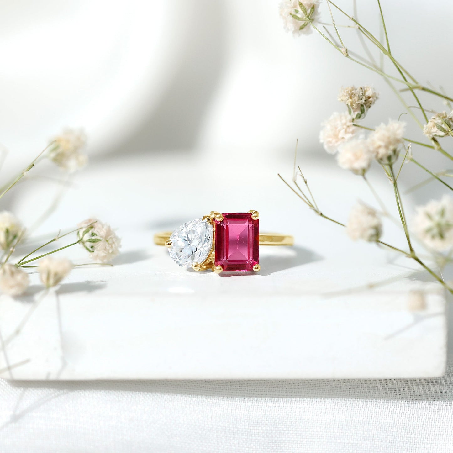 Lab Created Pink Sapphire and Moissanite Toi Et Moi Engagement Ring for Women