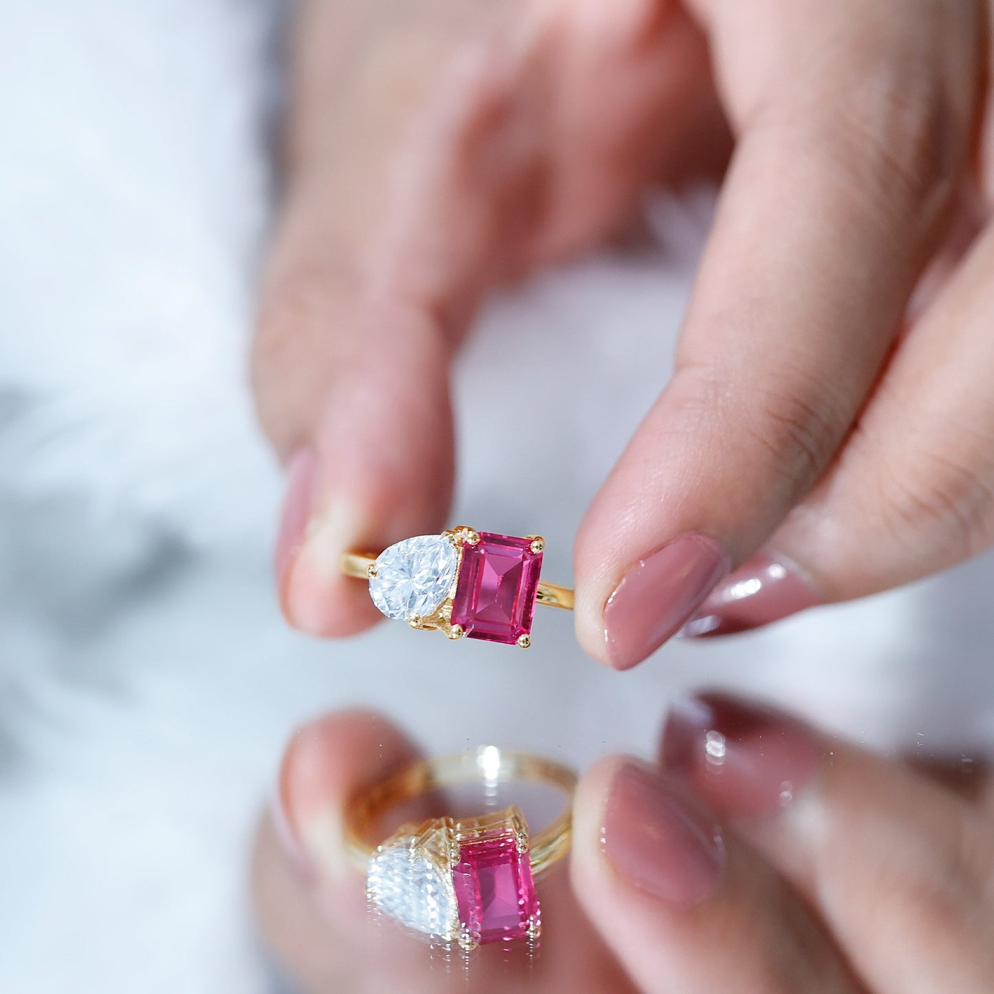Lab Created Pink Sapphire and Moissanite Toi Et Moi Engagement Ring for Women