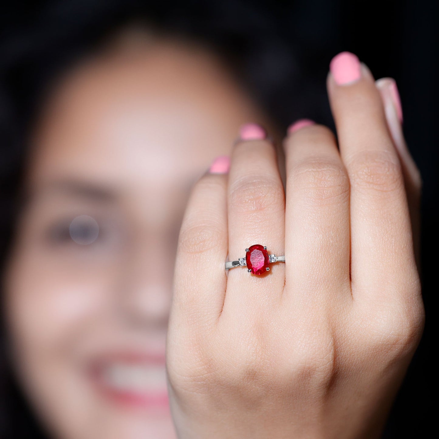 Classic Lab Grown Ruby Oval Engagement Ring With Diamond