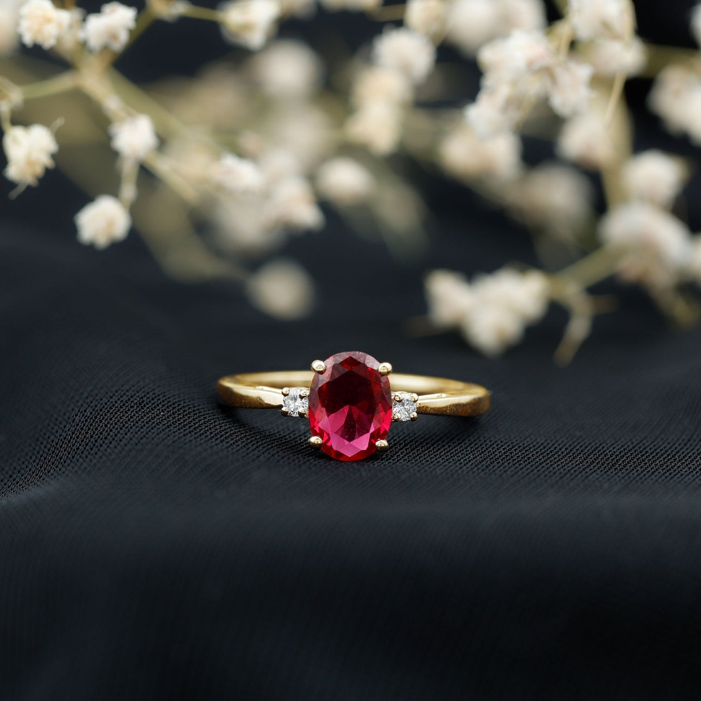Classic Lab Grown Ruby Oval Engagement Ring With Diamond