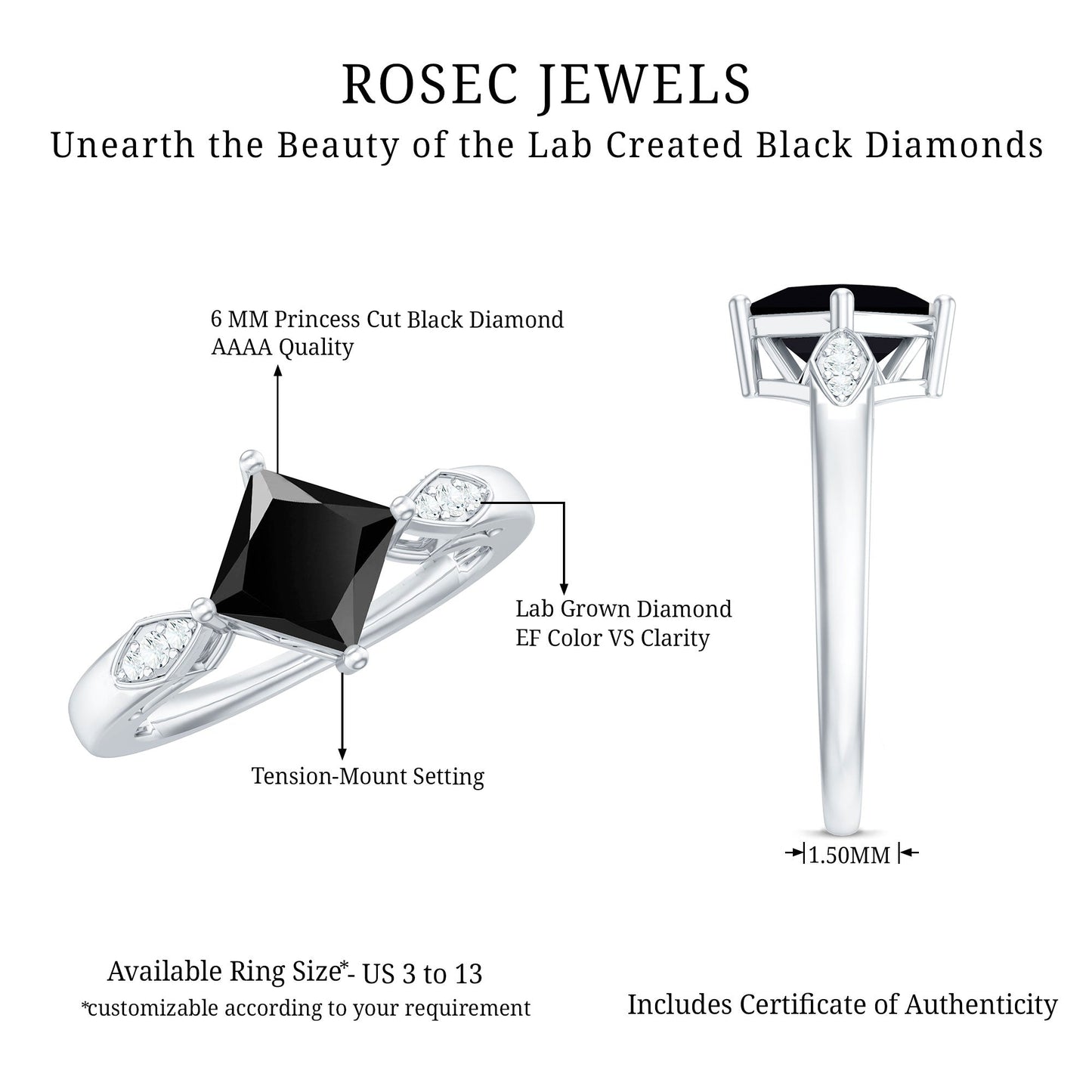 Certified 1 Carat Princess Cut Lab Grown Black and White Diamond Engagement Ring