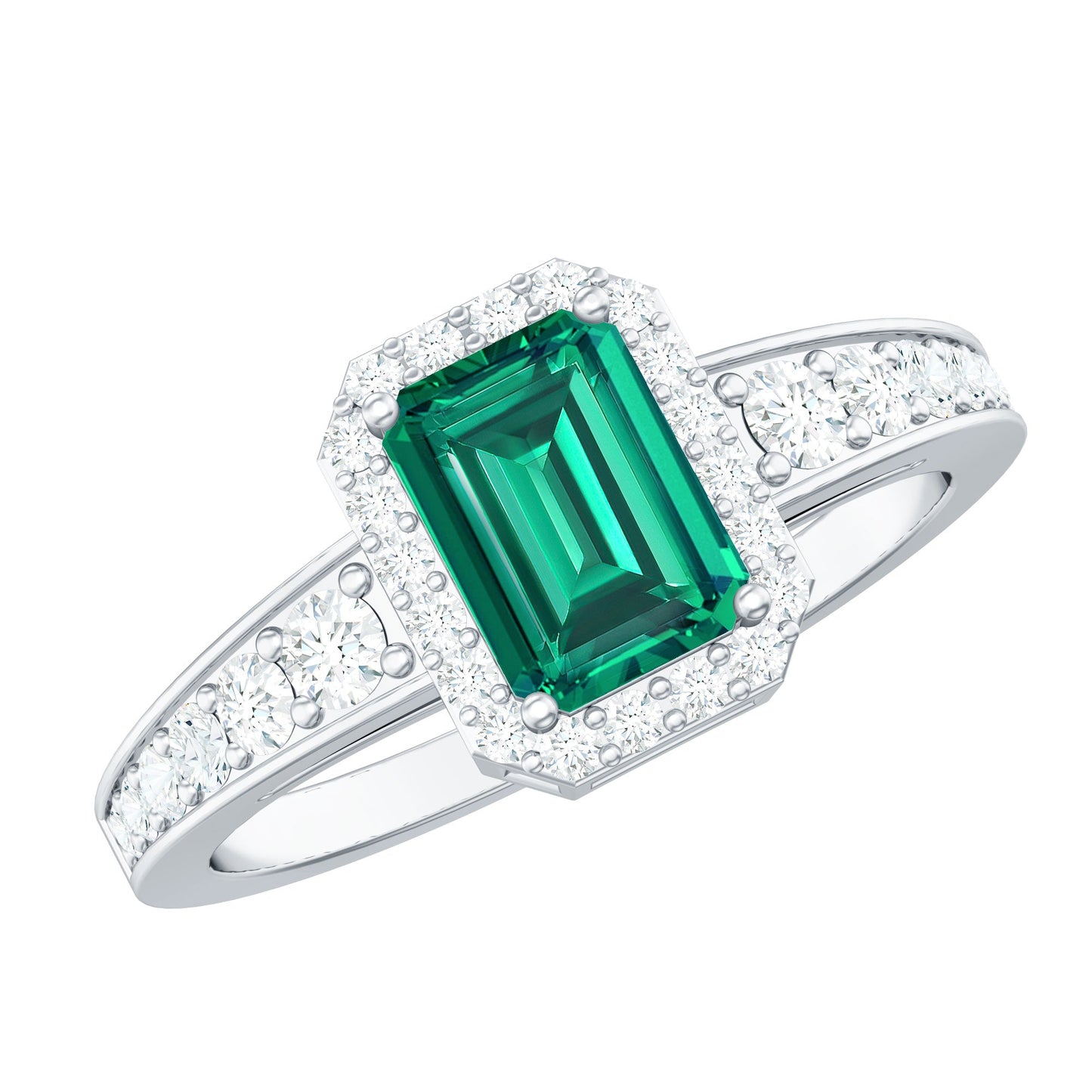Certified Emerald Cut Lab Grown Emerald Vintage Engagement Ring with Diamond