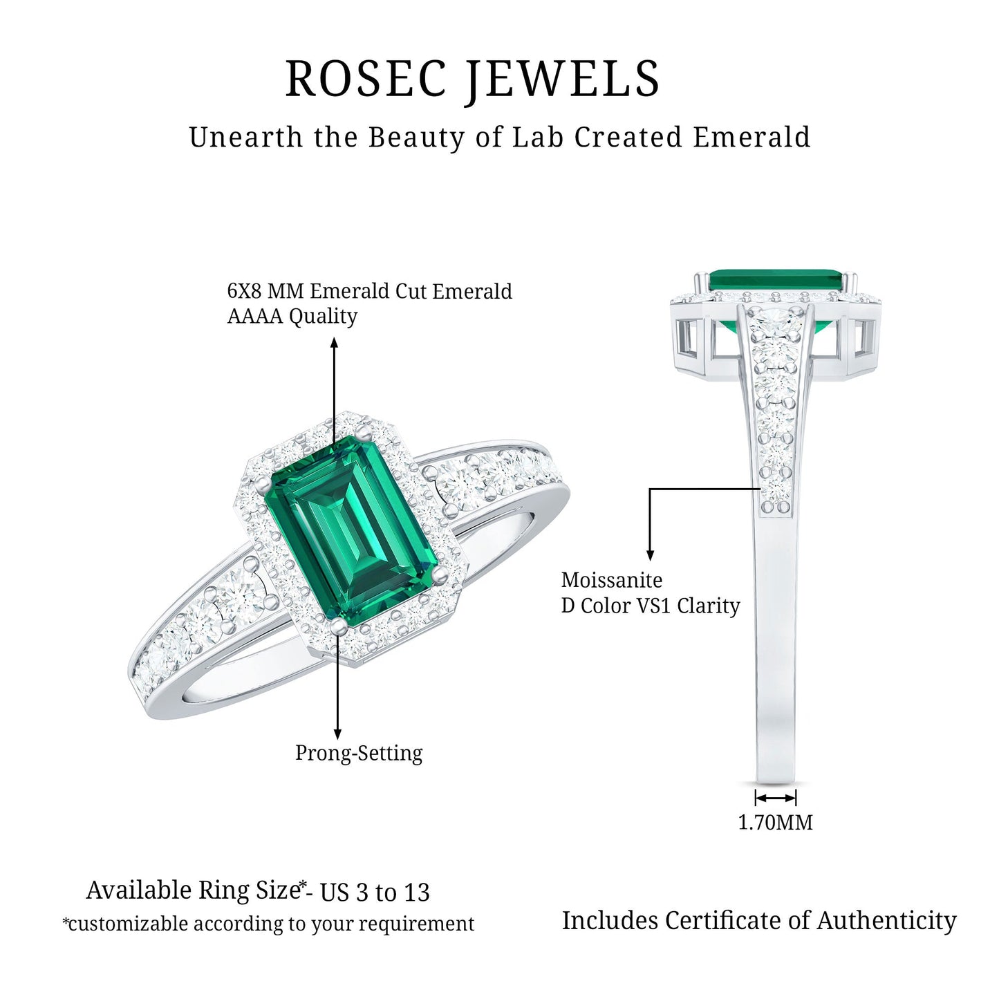 Certified Emerald Cut Lab Grown Emerald Vintage Engagement Ring with Diamond